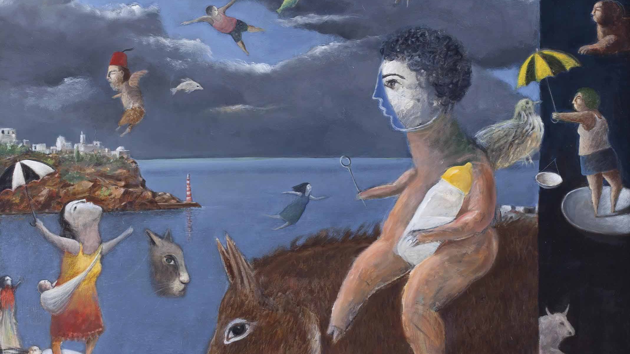 Cette image présente une scène imaginative et surréaliste. À gauche, un personnage enfantin, semblant pensif, est assis sur un âne qui avance vers une mer calme. Le ciel est nuageux, avec des éléments flottants tels que des oiseaux, des parapluies et des objets divers, créant une atmosphère féerique. Dans la partie inférieure, plusieurs figures humanoïdes sont dispersées, témoignant d'un monde fantaisiste peuplé de formes étranges et de couleurs vives. La juxtaposition d'éléments réalistes et imaginaires invite à l'interprétation et à la réflexion sur la nature de la réalité et du rêve.