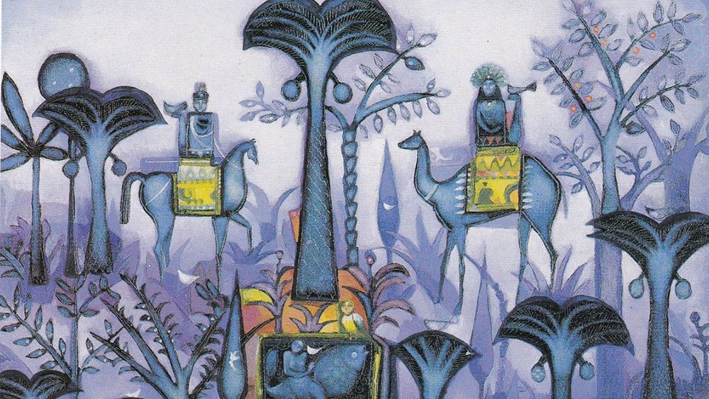 L'image présente un paysage stylisé et coloré, où l'on voit des palm trees vertigineux et des silhouettes humaines montées sur des chevaux et des chameaux. Les personnages portent des vêtements aux motifs géométriques. L'arrière-plan est en nuances de bleu et de lilas, créant une atmosphère onirique. La composition est harmonieuse, avec une impression de mystère et de sérénité, mettant en avant la relation entre l'humain et la nature.