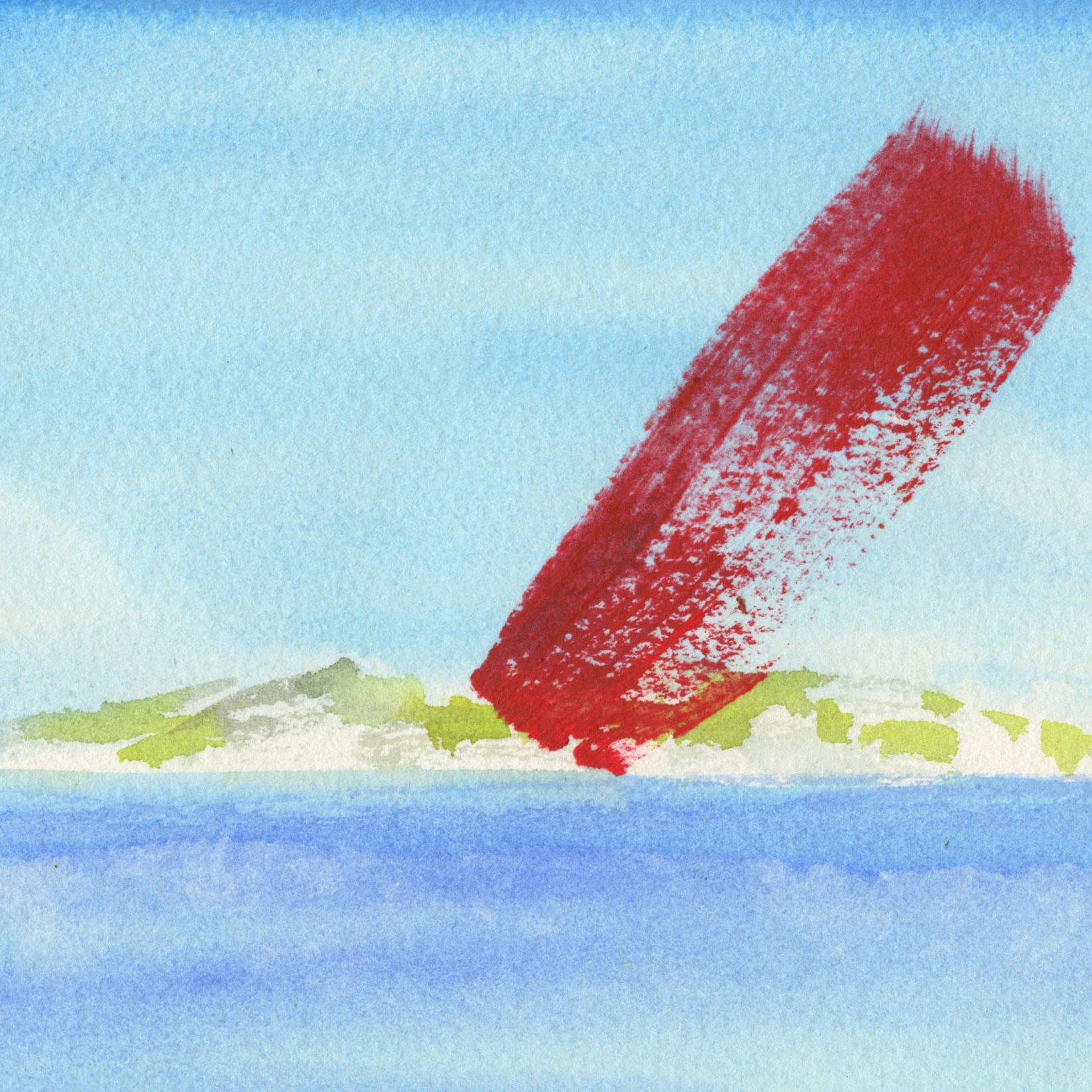 L'image représente une île au milieu d'une mer calme, avec un ciel bleu parsemé de nuages légers. Une large traînée rouge traverse le ciel, créant un contraste frappant avec les teintes douces de l'eau et des paysages environnants. Les contours de l'île sont légèrement flous, suggérant une atmosphère paisible mais également une touche d'imaginaire.