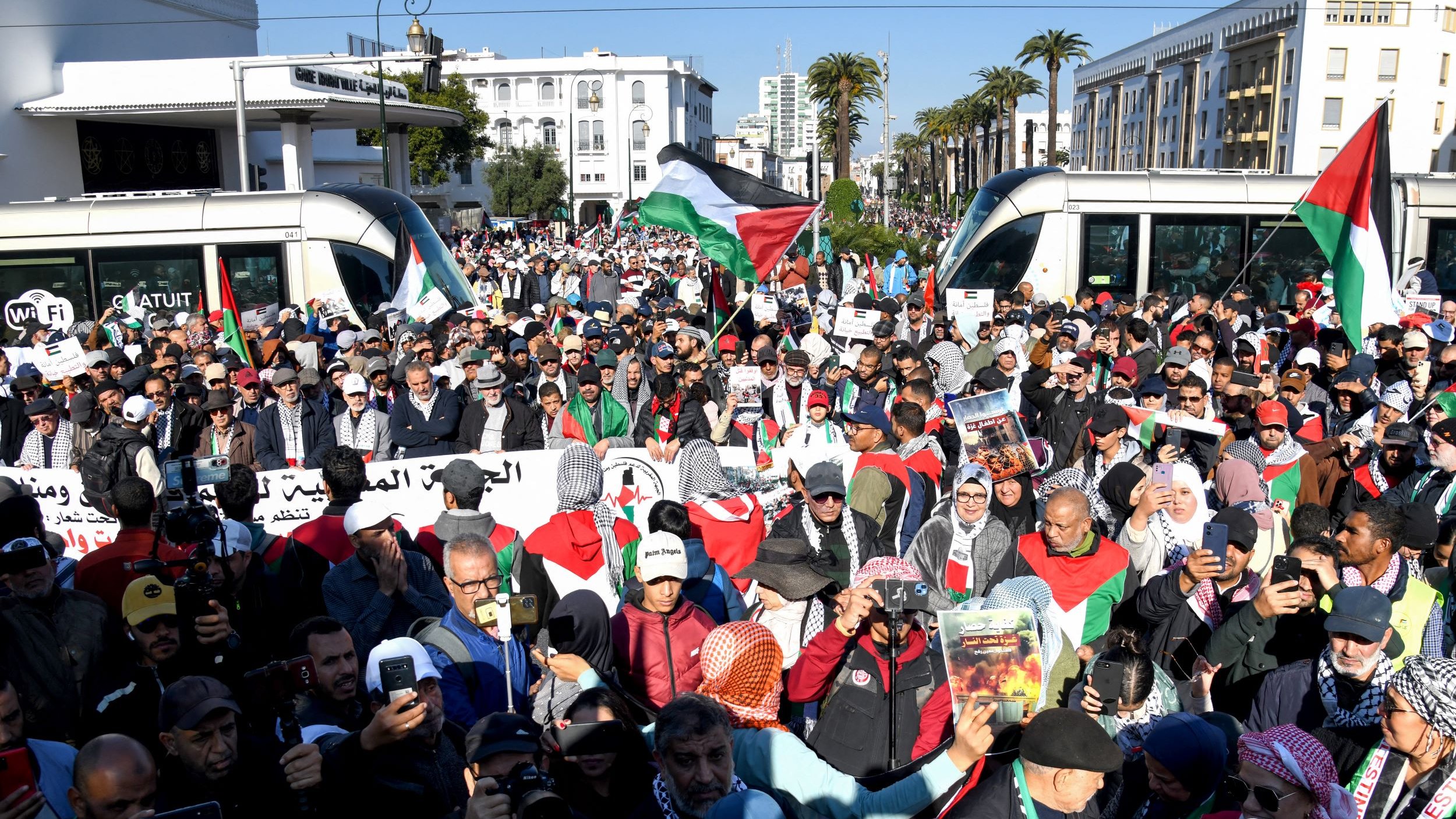 L'image montre une grande foule de manifestants rassemblés dans une ville, probablement pour une cause liée à la Palestine. Les personnes portent des écharpes ou des drapeaux palestiniens, et plusieurs d'entre elles tiennent des pancartes. L'ambiance semble énergique et déterminée, avec des sympathisants se réunissant pour exprimer leurs opinions. En arrière-plan, on peut voir des bâtiments modernes et des palmiers, indiquant un cadre urbain.
