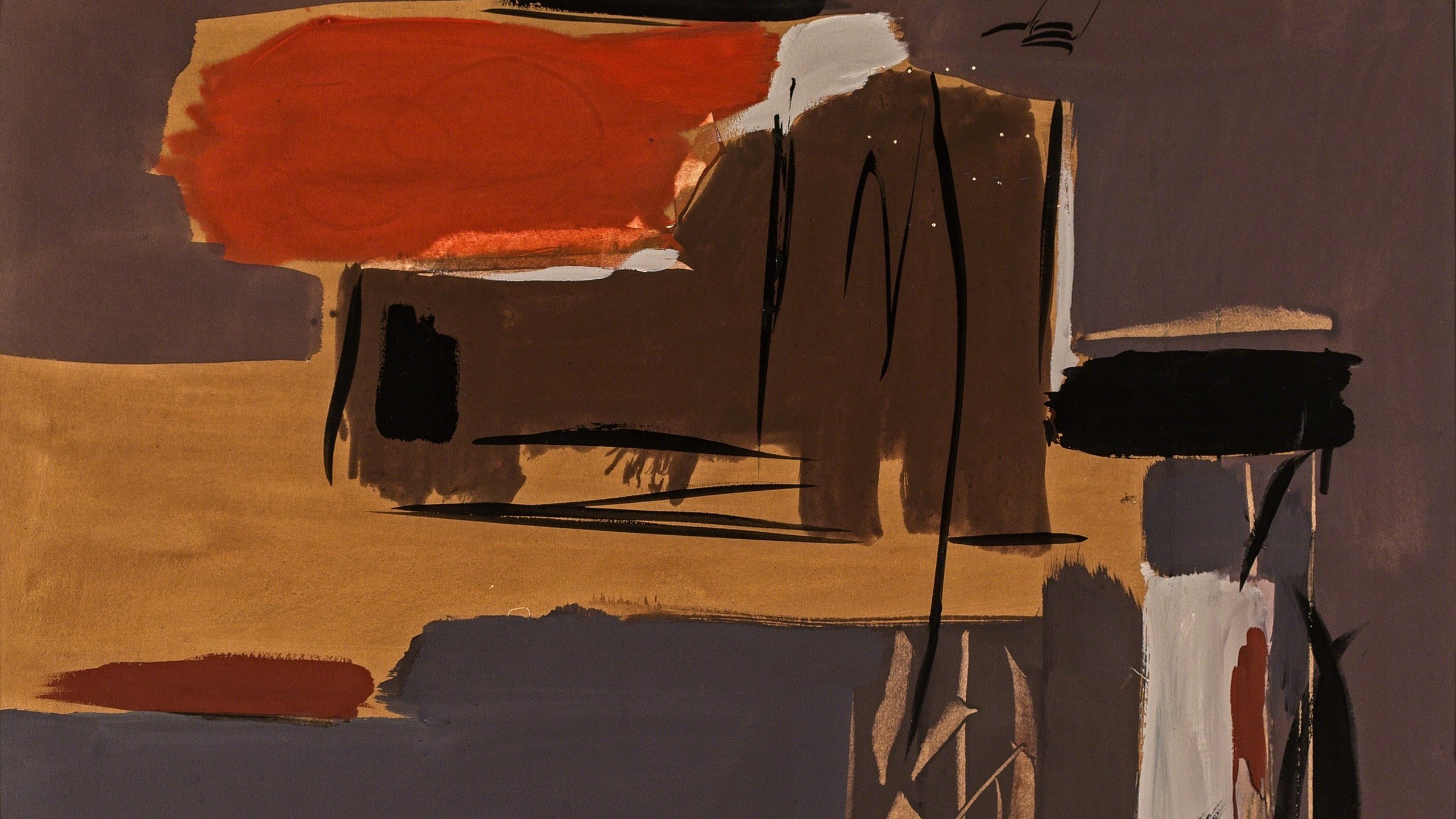 L'image présente une œuvre abstraite avec des formes et des couleurs variées. On y voit des tons de brun, de noir, d'orange et des touches de blanc qui s'entremêlent. Les formes semblent aléatoires, avec des traits de pinceau visibles et des blocs de couleur qui créent un contraste. L'ensemble donne une impression de dynamisme et d'émotion, typique de l'art abstrait.