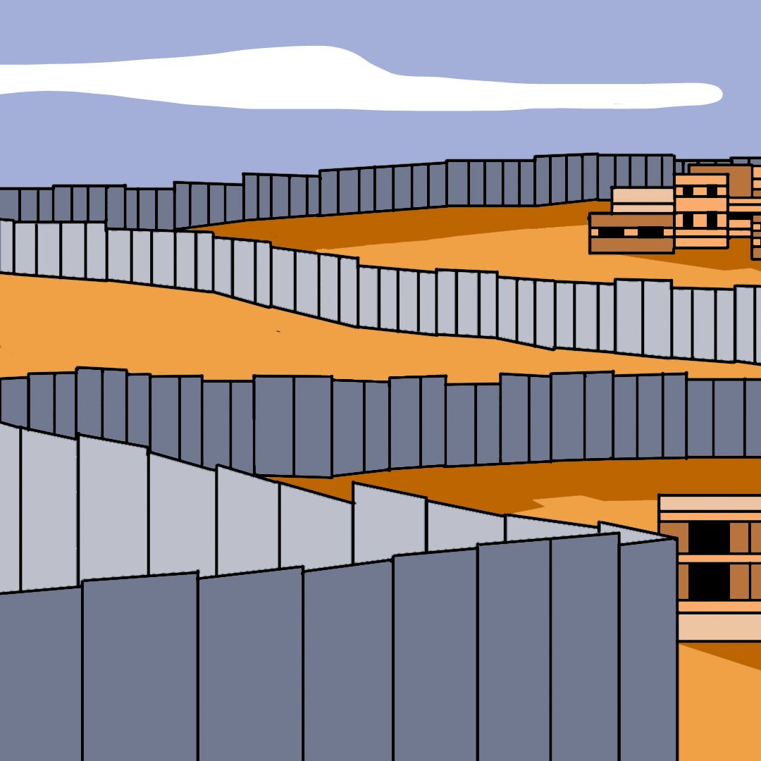 L'image représente un paysage urbain stylisé, avec des bâtiments modernes disposés de manière structurée. On peut voir des murs ou des clôtures qui forment des délimitations, créant un aspect labyrinthe dans la composition. Le sol est de couleur ocre, tandis que le ciel présente des nuages blancs sur fond bleu. L'ensemble donne une impression de séparation et d'organisation dans l'environnement.