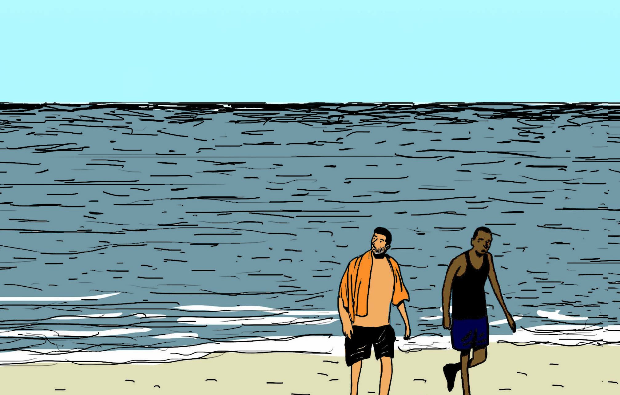 L'image montre deux hommes marchant sur une plage. L'un d'eux porte un t-shirt orange et l'autre un débardeur noir. Ils avancent le long du rivage, avec la mer calme et des vagues derrière eux. Un ciel bleu clair s'étend au-dessus d'eux, parsemé de quelques oiseaux qui volent. L'atmosphère semble paisible et décontractée, typique d'une journée en bord de mer.