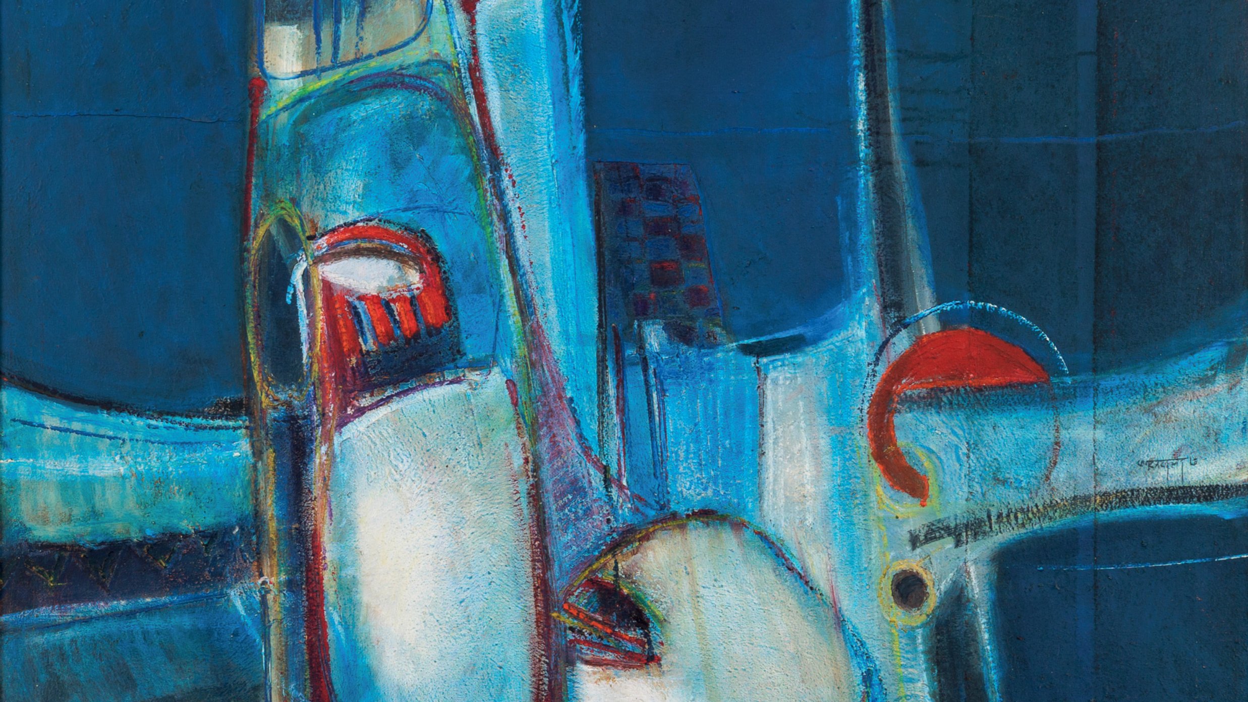 L'image représente une œuvre abstraite aux dominantes de bleu, avec des formes organiques et géométriques qui se mêlent. On peut observer des éléments qui semblent évoquer des objets de la vie quotidienne ou des véhicules, mais leur nature exacte est difficile à déterminer à cause du style abstrait. Les lignes et les couleurs créent une impression de profondeur et de mouvement, donnant vie à la composition tout en restant énigmatique. Les touches de rouge et d'autres couleurs ajoutent du dynamisme à l'ensemble.