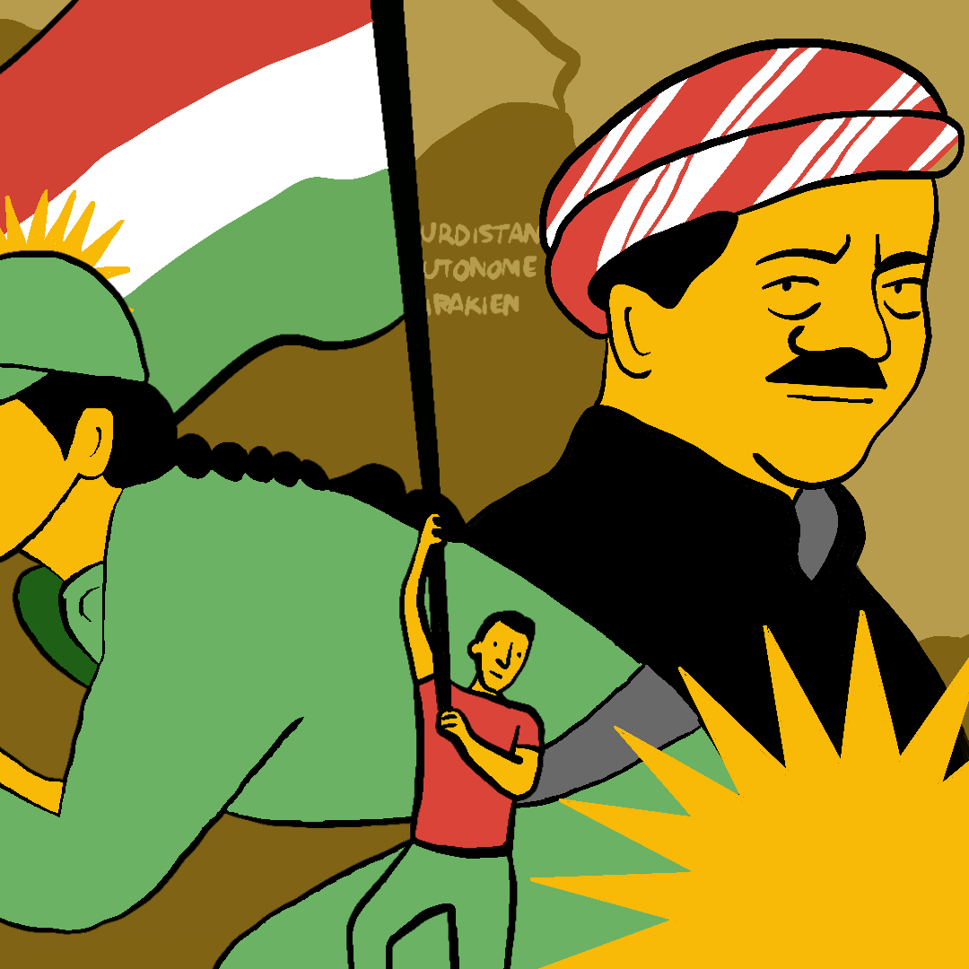 این تصویر شامل یک نقشه منطقه است که کشورهای ایران، عراق، ترکیه و سوریه را نشان می‌دهد. در تصویر، یک زن با لباس نظامی و کلاهی سبز رنگ در حال حمل پرچم کردستان است. او یک اسلحه در دستانش دارد. در کنار او، یک مرد کوچک‌تر به نمادین در حال یاری‌رسانی به اوست. همچنین، تصویری از یک شخصیت که به نظر می‌رسد یک رهبر کرد است، در سمت راست قرار دارد. در قسمت پایین تصویر، یک نور خورشید یا شعله زرد رنگ وجود دارد که به تصویر انرژی و حیات می‌بخشد.
