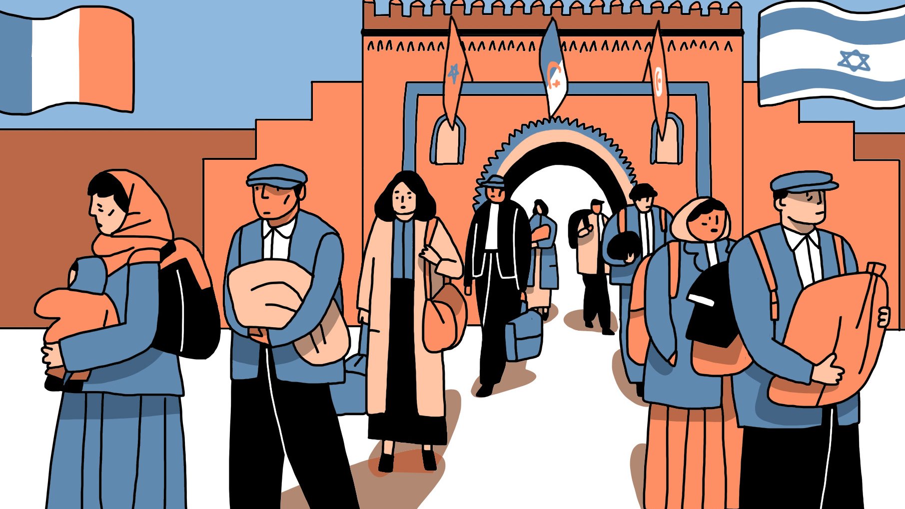 L'image montre un groupe de personnes marchant dans une rue animée, avec une architecture colorée en arrière-plan. Certaines personnes portent des vêtements traditionnels, d'autres des tenues modernes. On remarque également des drapeaux français et israéliens flottant. Le groupe semble traverser un passage avec des arches, suggérant un lieu historique ou culturel. Les expressions des personnes sont variées, allant de la détermination à la douceur, et certaines portent des enfants ou des bagages.