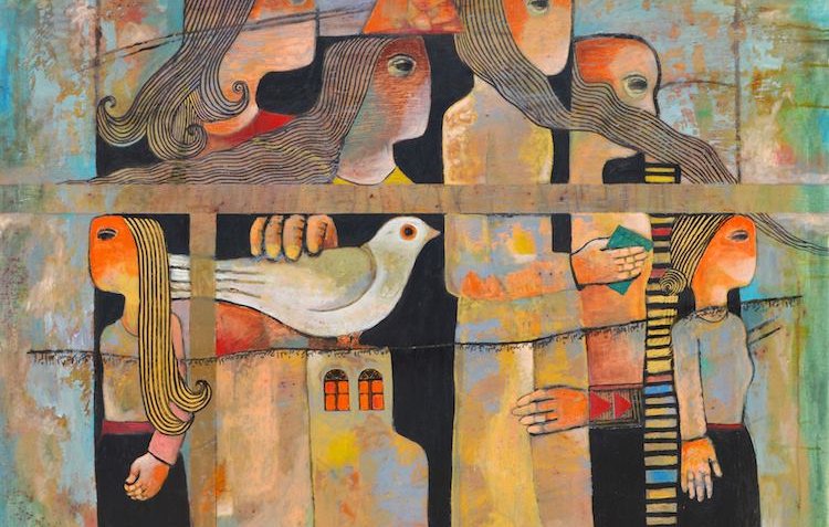 L'image représente une composition artistique où plusieurs figures humaines sont disposées de manière stylisée. Les personnages semblent exprimer des émotions variées, avec des cheveux longs et des traits graphiques. Au centre, une figure tient une colombe blanche, symbolisant probablement la paix. L'arrière-plan est coloré, avec des tons bleus et des motifs géométriques, ce qui ajoute une dimension vivante à l'œuvre. Les détails des vêtements et des postures créent une atmosphère à la fois énigmatique et expressive.