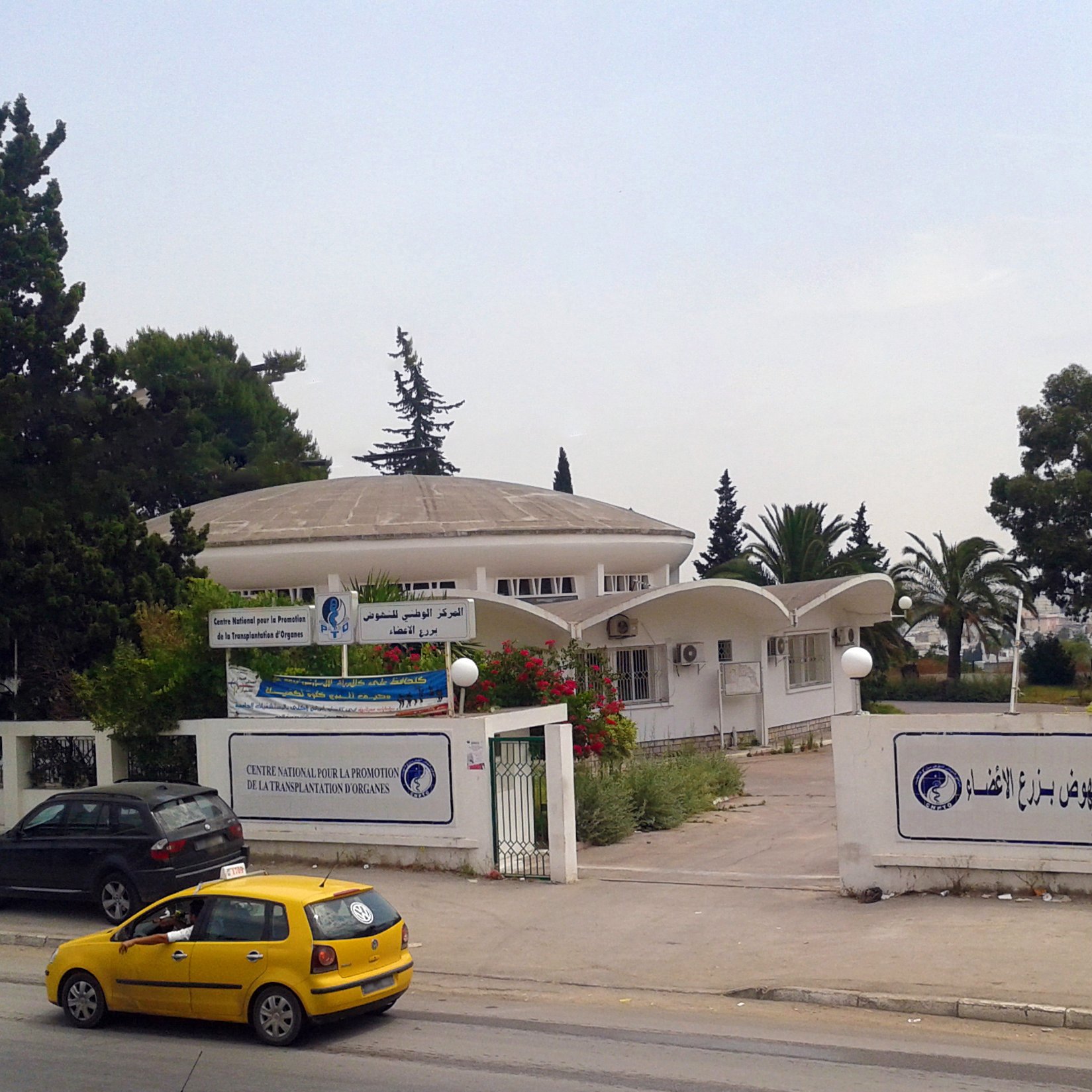 L'image montre un bâtiment moderne avec un toit arrondi, entouré de verdure et d'arbres. On peut voir une clôture blanche et plusieurs panneaux affichant des informations. À l'avant, des véhicules sont garés le long de la route, dont une voiture jaune. L'environnement paraît calme, et le ciel est dégagé, ce qui donne une impression de tranquillité.