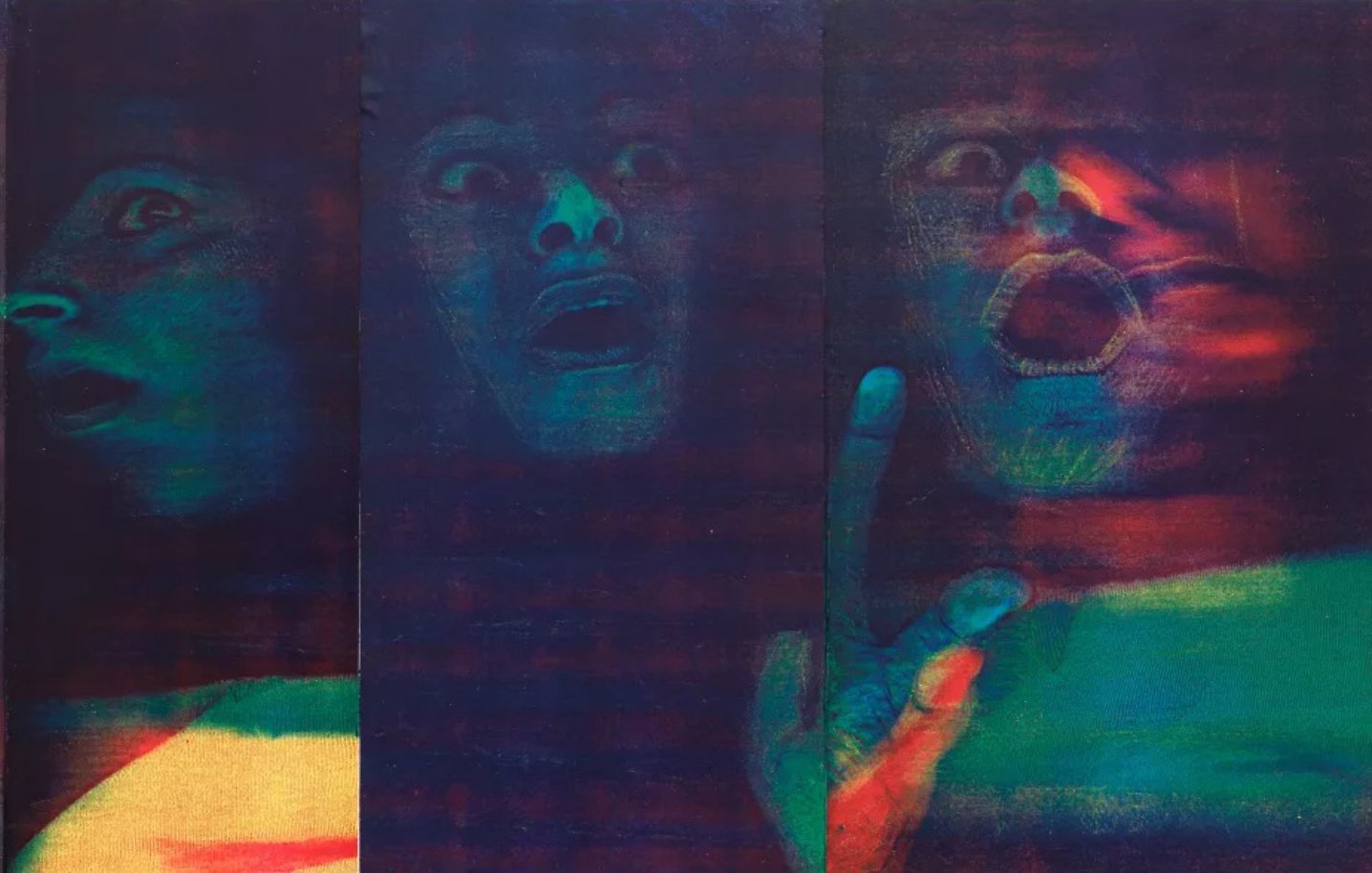 Visages aux expressions saisies dans des couleurs vives, évoquant une émotion forte.