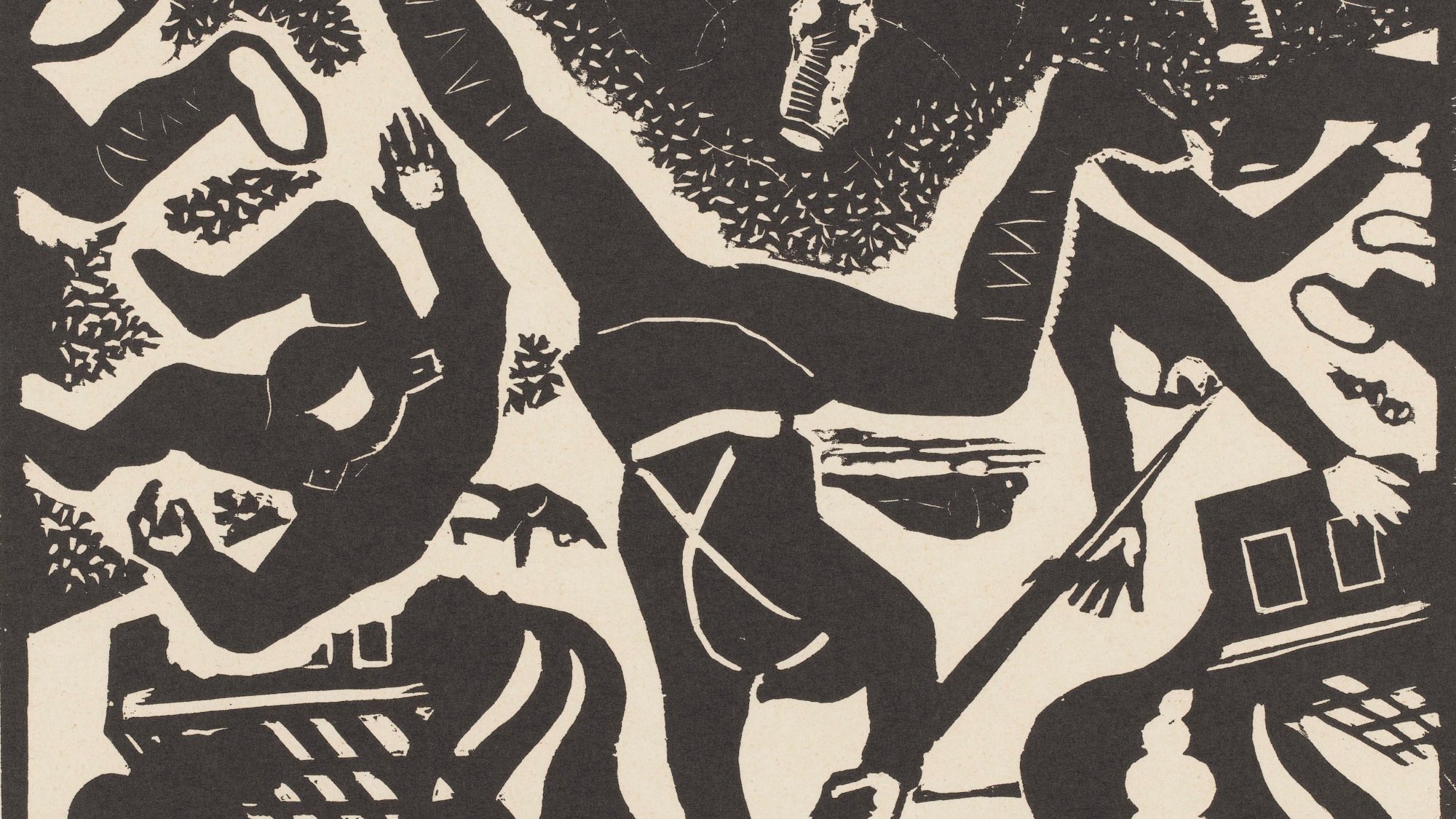 L'image présente une composition en noir et blanc, caractérisée par des formes stylisées et des silhouettes. On y voit des figures humaines et des éléments du quotidien, comme des chaussures et des bâtiments, qui semblent être disposés de manière désordonnée. Les formes abstraites et les gestes dynamiques des personnages créent une impression de mouvement et de tension. Le contraste entre le noir et le blanc accentue les contours et les détails, tandis que le fond minimaliste permet de se concentrer sur les éléments principaux de la scène.