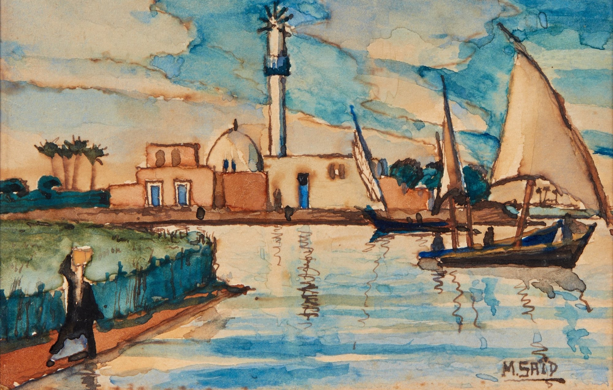 L'image est une aquarelle représentant un paysage côtier. On y voit une mosquée avec un minaret, entourée de bâtiments aux couleurs chaudes. Au premier plan, une personne marche le long d'une berge, portant quelque chose sur sa tête. Plusieurs voiliers naviguent sur l'eau calme, tandis que des palmiers se dressent à côté des structures. Le ciel est bleu avec quelques nuages blancs, créant une atmosphère paisible. L'artiste, M. Said, a utilisé des lignes fluides et des teintes délicates pour capturer ce paysage.
