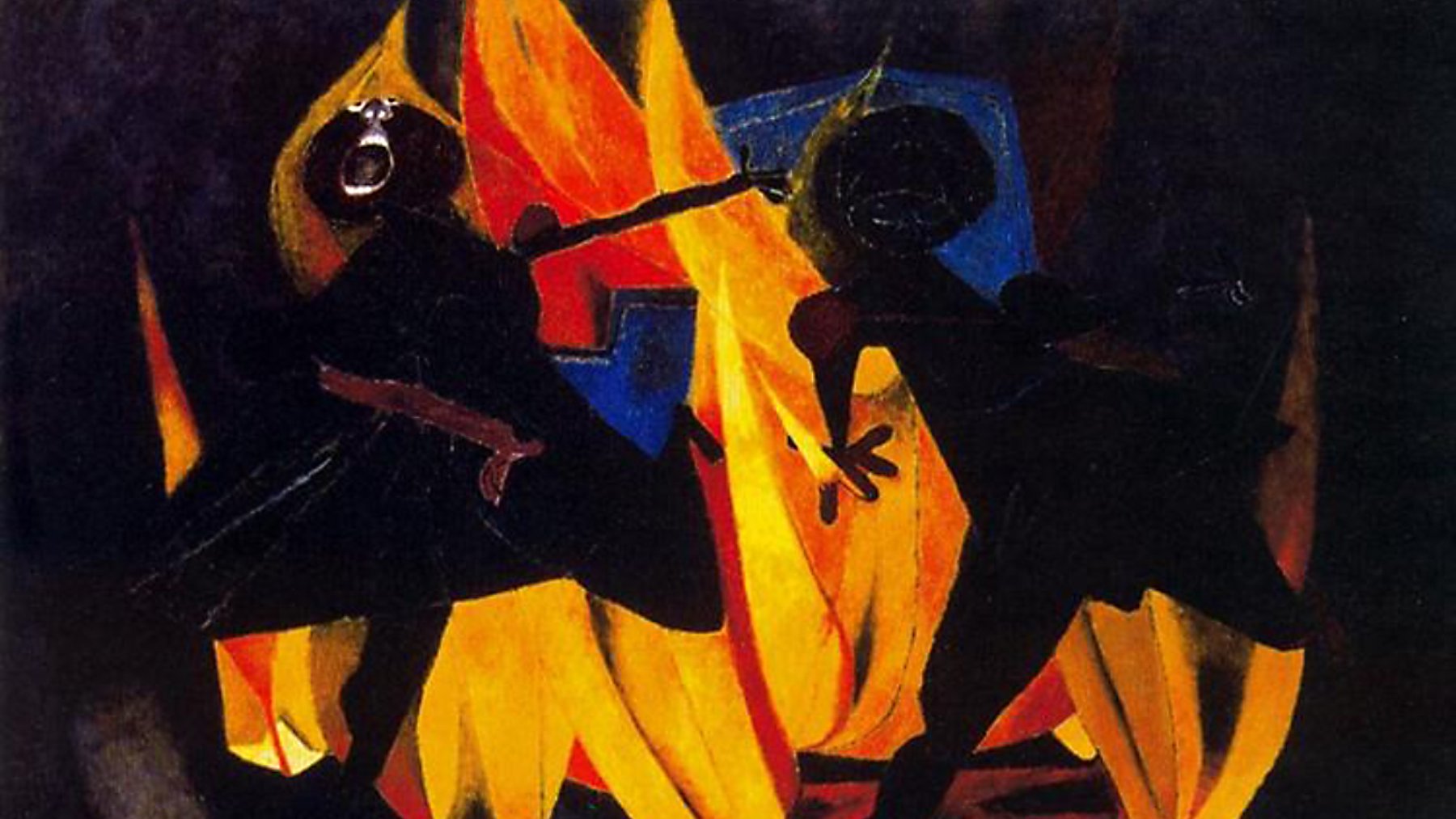 Deux silhouettes dansent devant un feu vibrant, avec des couleurs sombres et vives.