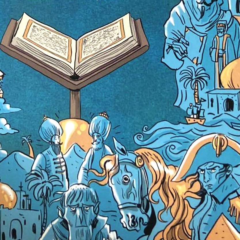 Illustration colorée avec un livre ouvert, entouré de personnages et de paysages historiques.