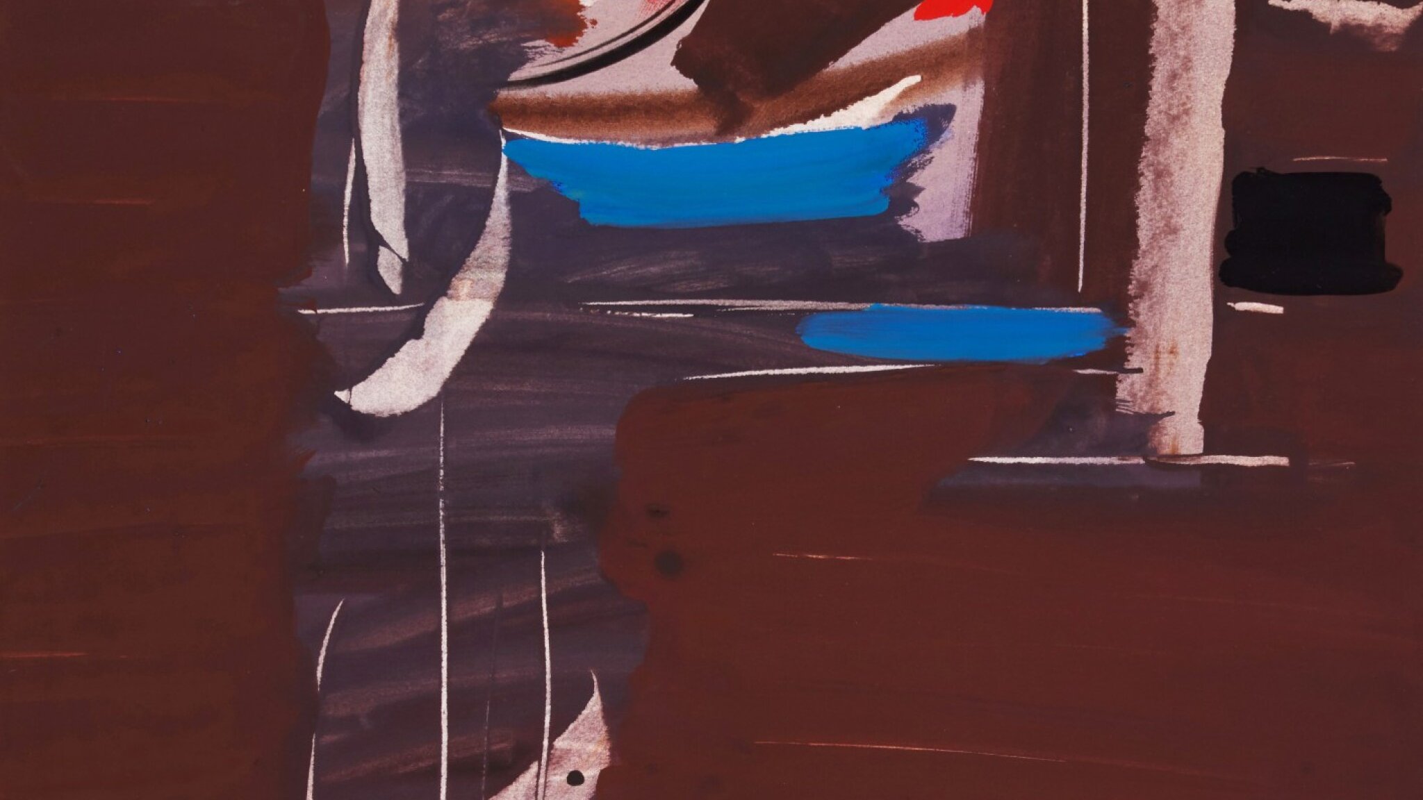 L'image présente une composition abstraite avec des couleurs vives et contrastées. On peut y voir des formes fluides et dynamiques, avec des teintes de rouge, de bleu et de noir sur un fond brun. Les coups de pinceau semblent exprimer mouvement et émotion, créant une atmosphère à la fois énergique et mystérieuse. Les interactions entre les couleurs et les formes suggèrent une profondeur visuelle intéressantes, tout en laissant place à l'interprétation personnelle.