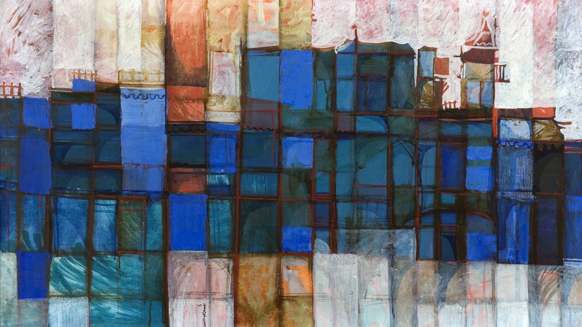 Cette image semble être une œuvre d'art abstraite. Elle présente un mélange de formes rectangulaires et de couleurs, principalement des nuances de bleu, de rouge et de blanc. Les différentes sections semblent se chevaucher, créant un effet de transparence et de superposition. Les contours des formes suggèrent des motifs architecturaux, mais leur abstraction empêche une identification précise des objets représentés. L'ensemble dégage une sensation de mouvement et de créativité.