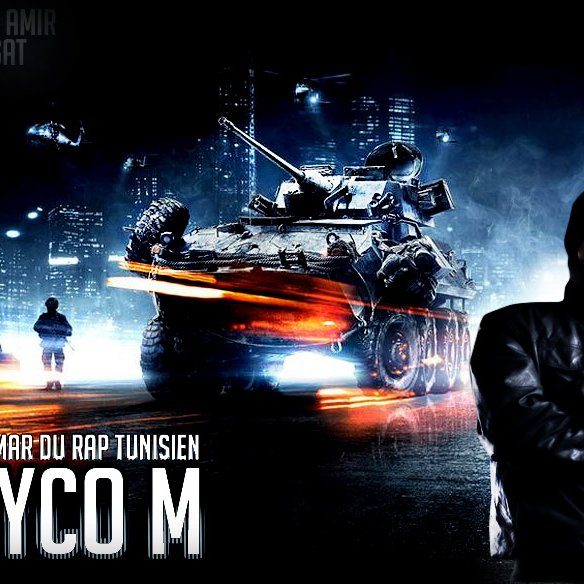 L'image présente un paysage urbain nocturne avec des lumières de ville brillantes en arrière-plan. À gauche, on voit une figure masculine habillée d'une veste noire, les bras croisés, avec un air déterminé. À droite, un véhicule militaire, probablement un char, semble avancer dans un environnement dramatique. En bas de l'image, le texte "Cauchemar du rap tunisien" et "Psyco M" est affiché, ajoutant un contexte au personnage représenté. L'ensemble donne une impression de force et de détermination, en lien avec le monde du rap.