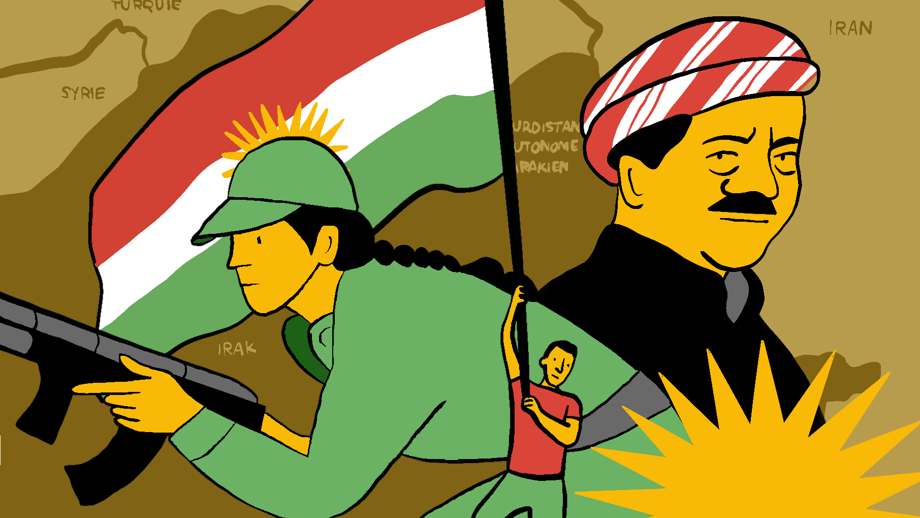 L'image représente des figures symboliques liées au peuple kurde. On y voit une personne en uniforme militaire portant un drapeau kurde, ainsi qu'une autre figure plus en arrière-plan. La scène est stylisée, avec une carte des régions kurdes en arrière-plan, indiquant des pays comme la Syrie, l'Irak, la Turquie et l'Iran. Les couleurs sont vives et l'ensemble évoque un sentiment de fierté nationale et de résistance.