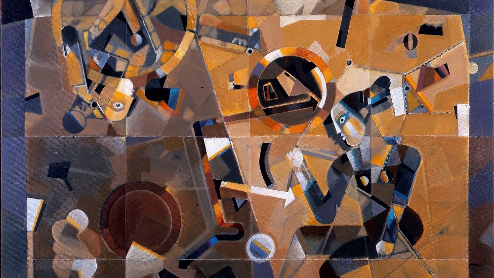 Cette image présente une composition abstraite riche en formes géométriques et en couleurs terreuses. On peut distinguer des figures humaines stylisées, intégrées dans un jeu de lignes et de cercles. Les couleurs varient entre des nuances de brun, de beige et de bleu, créant une atmosphère à la fois chaude et dynamique. Le tableau semble jouer sur le mouvement et l'interaction entre les éléments, évoquant une certaine énergie et une réflexion sur la condition humaine dans un contexte moderne. Les contours sont flous, ce qui ajoute à l'aspect mystérieux de l'œuvre.