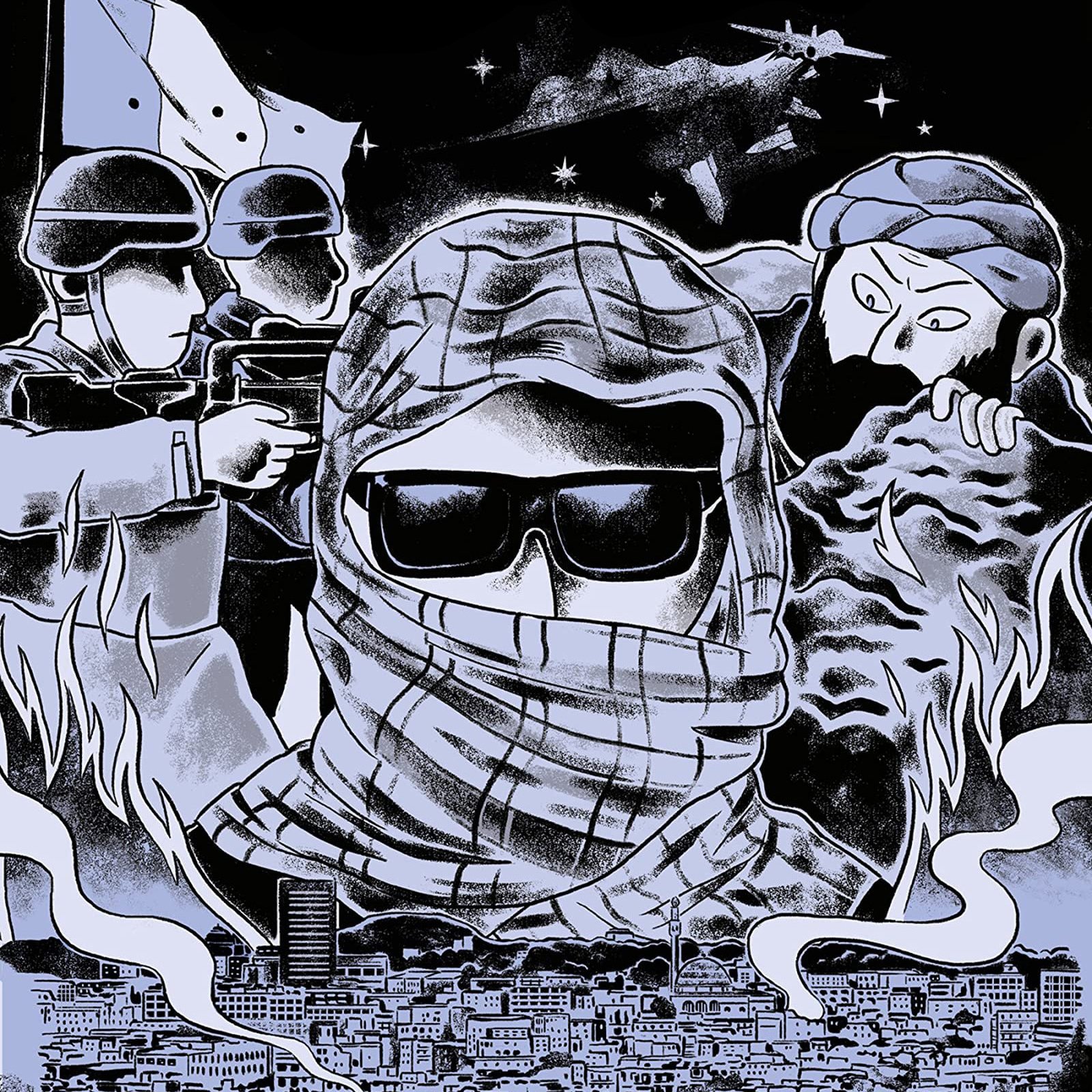 L'image présente une scène dramatique et évocatrice. Au premier plan, on voit une personne masquée portant des lunettes de soleil, entourée d'une ambiance tendue. À l'arrière-plan, deux figures en uniforme sont visibles, probablement des soldats, tandis qu'une autre silhouette semble être un combattant, ajoutant à l'atmosphère de conflit. Le paysage urbain en bas est en ruines, avec des volutes de fumée, suggérant un environnement de guerre ou de chaos. Les couleurs sombres et les contrastes accentuent la gravité de la situation.