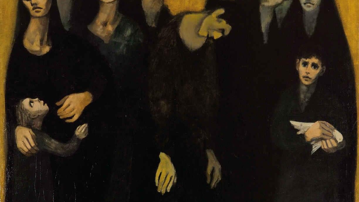 L'image représente un groupe de figures humaines, majoritairement féminines, se tenant debout. Elles sont toutes vêtues de vêtements sombres, et leurs visages expriment une profonde tristesse et une détresse palpable. Les expressions sont graves, avec des yeux enfoncés et des sourcils froncés. Certaines figures tiennent des enfants ou des objets, ajoutant une dimension de vulnérabilité. L'arrière-plan est d'un jaune uniforme qui contraste avec les couleurs sombres des personnages, accentuant l'atmosphère sombre de la scène. L'ensemble évoque des thèmes de douleur, de perte et de solidarité dans la souffrance.