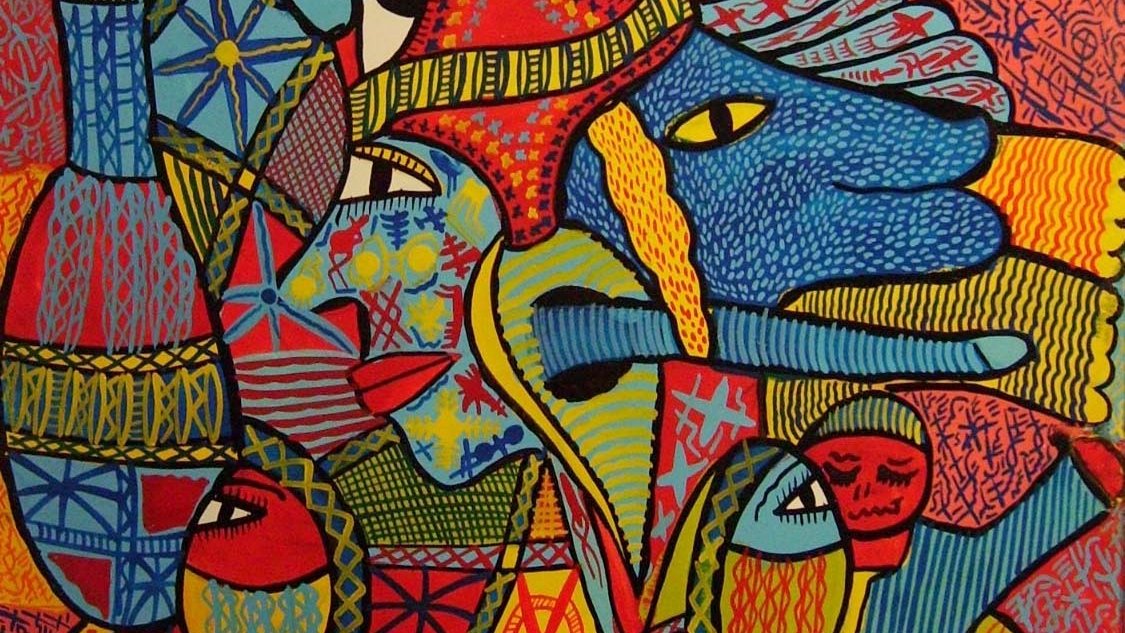 L'image présente une composition colorée et abstraite, remplie de formes géométriques et de motifs complexes. On y voit des figures humaines, des animaux et des éléments naturels stylisés. Les couleurs vives comme le rouge, le bleu, le jaune et le noir s'entremêlent, créant un effet dynamique et vivant. Les traits sont expressifs, et l'ensemble évoque une atmosphère joyeuse et imaginative. Cette œuvre semble jouer avec la perception et invite à une interprétation personnelle.