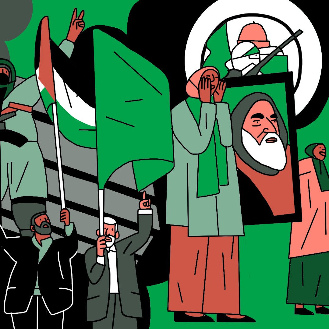 L'immagine presenta un gruppo di persone che sventolano bandiere verdi, simboleggiando un messaggio di unità o protesta. Alcuni individui indossano abiti tradizionali e altri abiti moderni. Sullo sfondo, si possono notare elementi militari, come un carro armato, e immagini simboliche, che potrebbero rappresentare figure di leadership o di riferimento. L'uso di colori vivaci e forme stilizzate conferisce all'immagine un carattere grafico e dinamico.