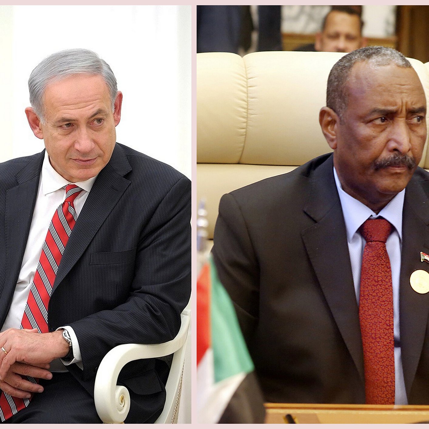 The image features two prominent political figures side by side. On the left, there is a man dressed in a dark suit with a light blue shirt and a striped tie. He has gray hair and is seated with a thoughtful expression. On the right, another man is depicted, also in a black suit, sitting at a formal meeting. He has a serious demeanor and is wearing a pin that represents Sudan. The background suggests a formal setting, indicating that both individuals are engaged in discussions of importance.