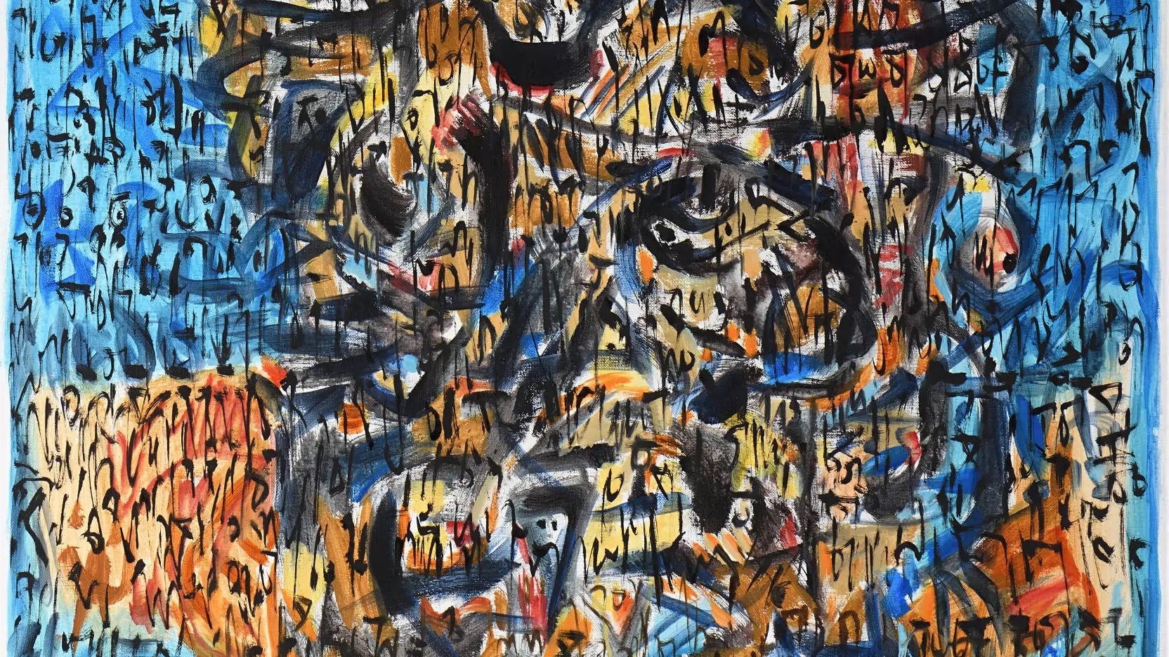 Cette image représente une œuvre d'art abstraite, dominée par des couleurs vives comme le bleu, le noir et l'orange. On y voit des formes tourbillonnantes et des lignes entrelacées, créant une certaine dynamique. Des éléments graphiques peuvent suggérer du texte ou des motifs, ajoutant à la complexité visuelle de la composition. L'ensemble évoque une sensation de mouvement et d'énergie, invitant le spectateur à interpréter le message derrière les formes et les couleurs.