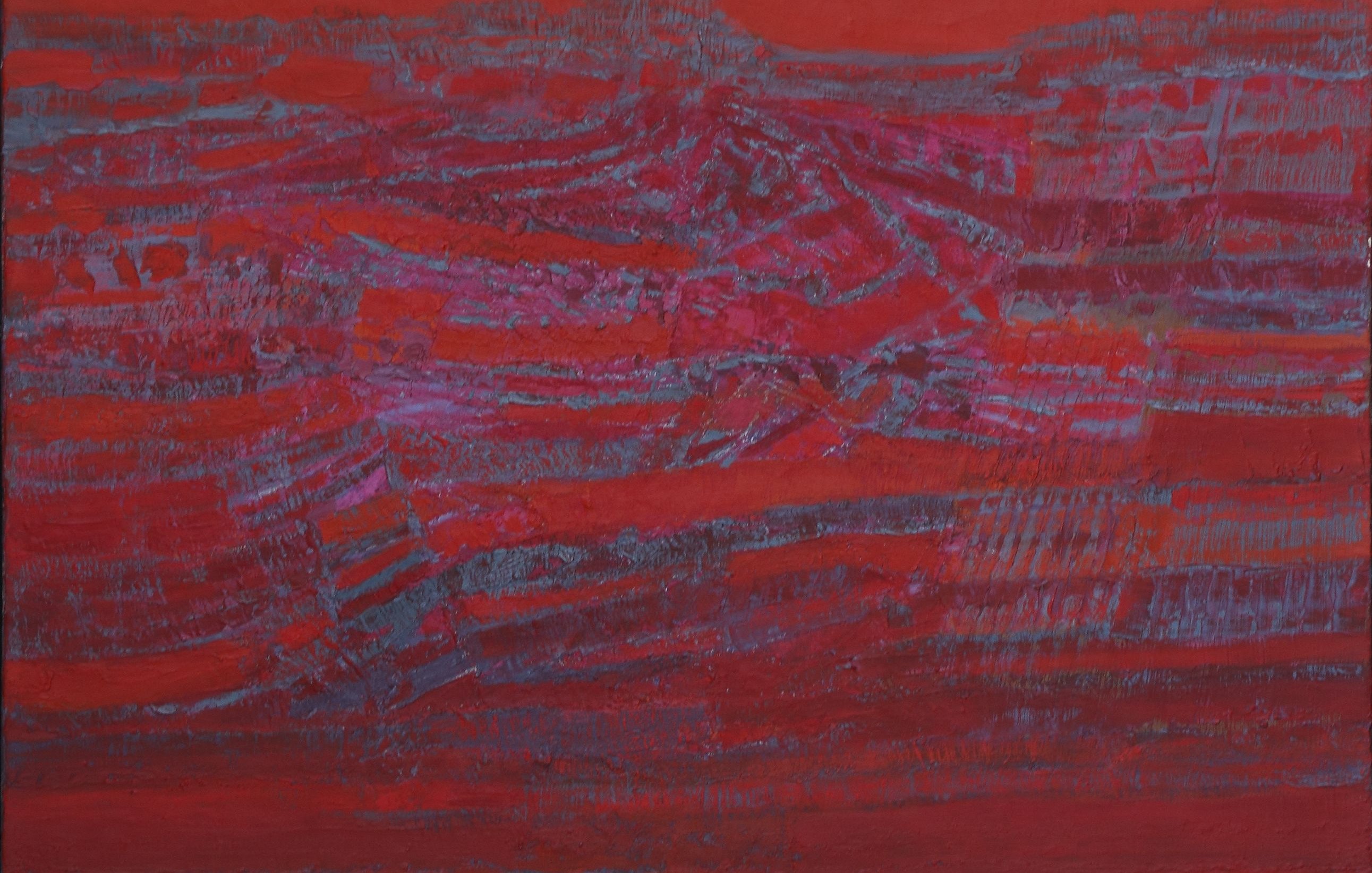 Cette image représente une œuvre abstraite dominée par des tons de rouge, avec des nuances de violet et des textures variées. Les coups de pinceau créent des motifs dynamiques qui s'entrelacent, ajoutant une profondeur et une richesse visuelle à la composition. Les couleurs chaudes et vives évoquent une certaine énergie et passion, tandis que les détails subtils apportent une complexité intéressante à l'ensemble.