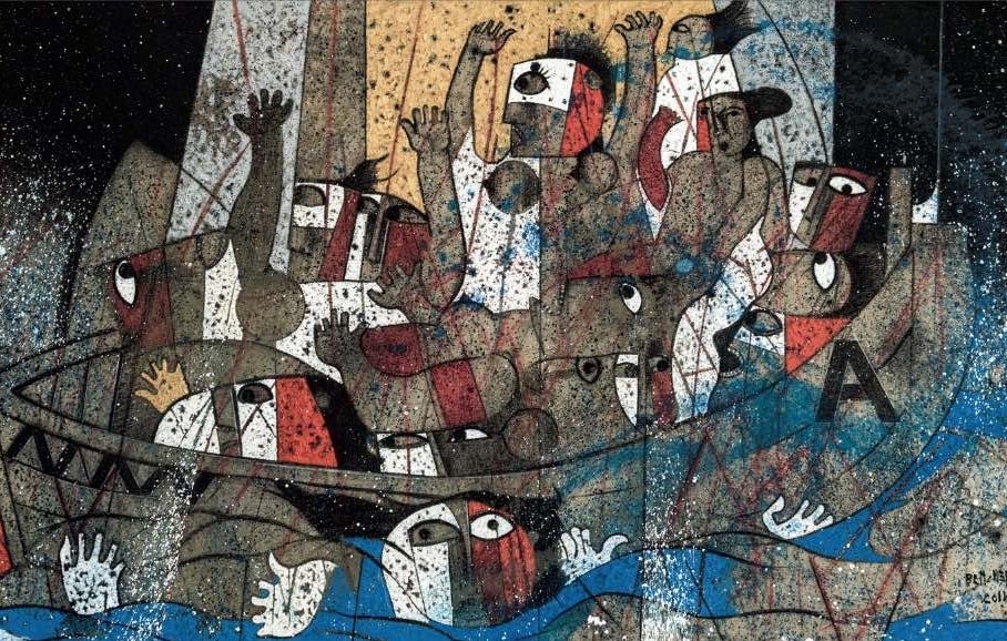 L'image représente un groupe de personnes dans une barque, tentant de se maintenir à flot dans des eaux agitées. Les figures sont stylisées et colorées, avec des visages aux expressions variées, évoquant la détresse et la lutte. L'utilisation de couleurs vives et de motifs abstraits renforce l'intensité émotionnelle de la scène. L'ensemble crée une atmosphère de tragédie et de désespoir, tout en évoquant des thèmes de survie et de solidarité.