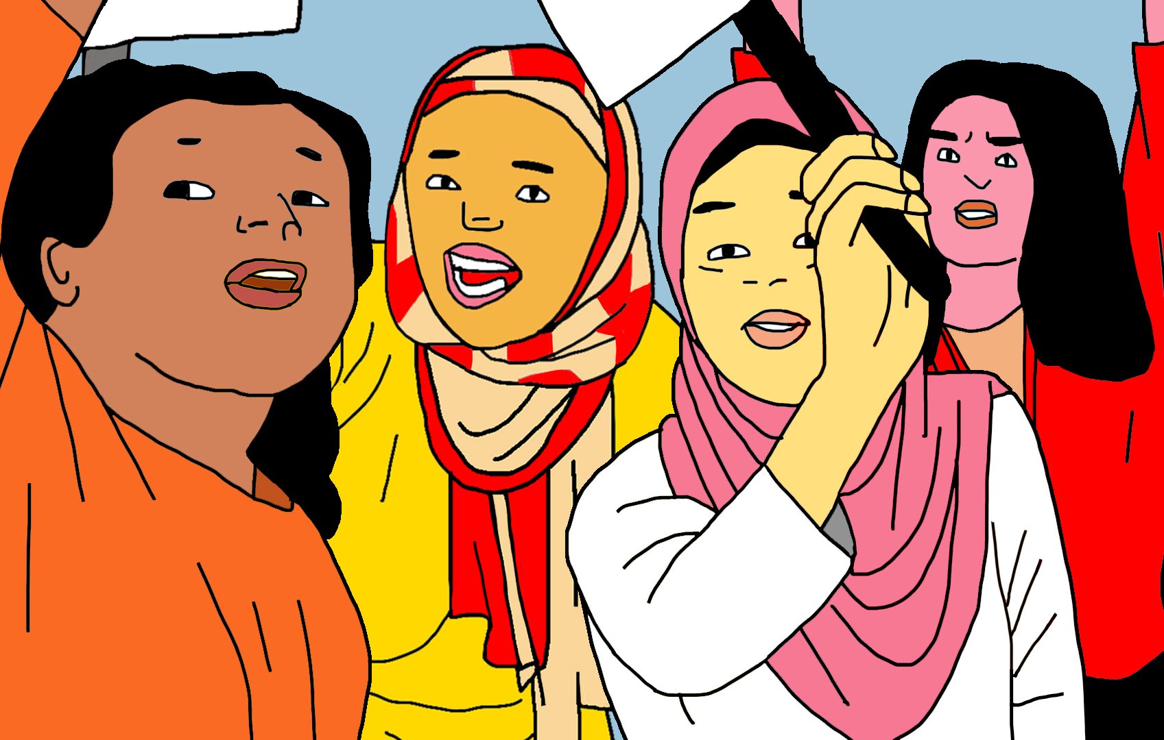L'image représente un groupe de femmes qui semblent être engagées dans une manifestation ou une action collective. Elles portent des vêtements de couleurs vives, dont des hijabs et des écharpes. Plusieurs d'entre elles lèvent la main avec des pancartes, exprimant probablement leurs voix pour une cause qui leur tient à cœur. Les expressions sur leurs visages transmettent de la détermination et de l'énergie. L'arrière-plan est simple, mettant l'accent sur l'action et l'enthousiasme du groupe.