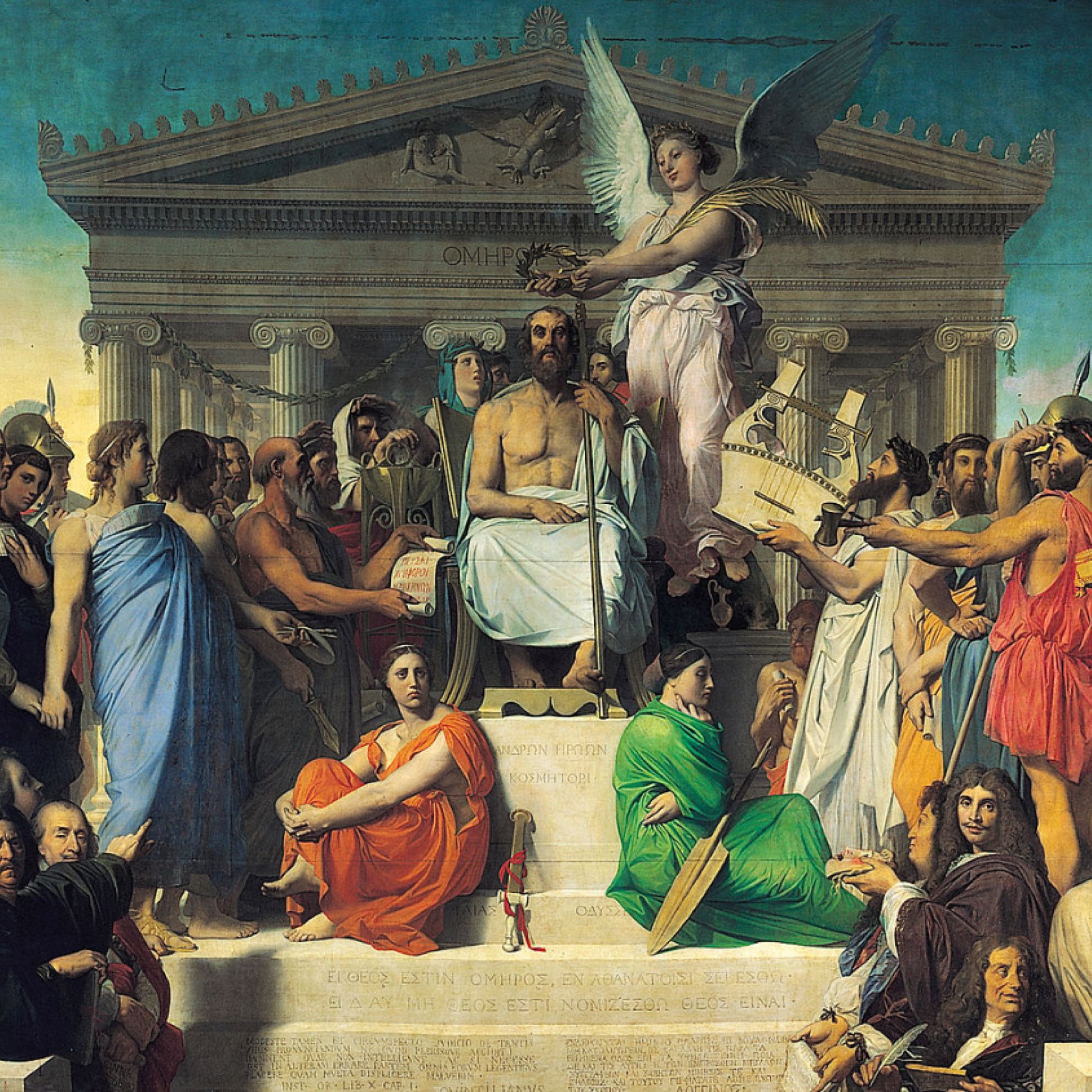 L'immagine presenta un'opera d'arte di grande formato che raffigura un'importante scena storica o mitologica. Al centro, si trova una figura maestosa, probabilmente un leader o una divinità, seduta su un trono, circondata da un gruppo di persone in abiti classici. La figura centrale tiene in mano un oggetto significativo, mentre diverse persone intorno a lei sembrano interagire o rendere omaggio. Sullo sfondo, si intravede un'imponente architettura, che richiama lo stile degli antichi templi greci, suggerendo un contesto di grande importanza culturale o religiosa. Variazioni di colori e abbigliamenti tra le figure, che rappresentano diverse classi sociali o ruoli, ulteriormente sottolineano la solennità della scena. Al di sopra della figura centrale, un angelo o un'entità alata potrebbe simboleggiare la guida divina o la speranza. Il tutto comunica un forte senso di autorità, celebrazione e interconnessione tra le diverse figure storiche o simboliche.