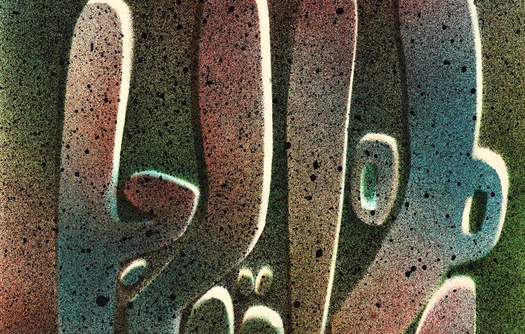 L'image présente une composition abstraite aux formes stylisées. On y observe des silhouettes humaines, évoquant une relation ou une interaction entre les figures. Les contours sont doux et fluides, tandis que la palette de couleurs varie du blanc et du bleu au noir sur un fond aux teintes chaudes et nuancées, créant un effet de profondeur. L'ensemble dégage une atmosphère à la fois artistique et contemplative.