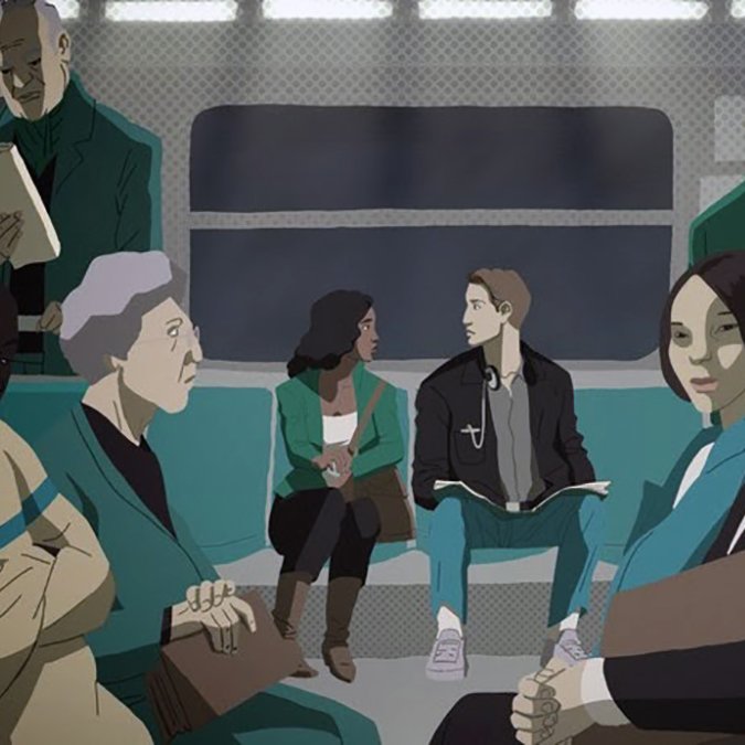 L'image illustre une scène à l'intérieur d'un bus, où plusieurs personnes sont assises. On observe deux groupes de passagers : d'un côté, un homme de couleur assis avec une femme âgée et, de l'autre côté, un homme et une femme jeunes, qui semblent converser. L'ambiance de l'image est calme, et l'illustration utilise des couleurs graphiques et des formes stylisées pour représenter les personnages. Les détails environnants et les expressions des personnes ajoutent une touche d'intimité à cette scène de vie quotidienne.