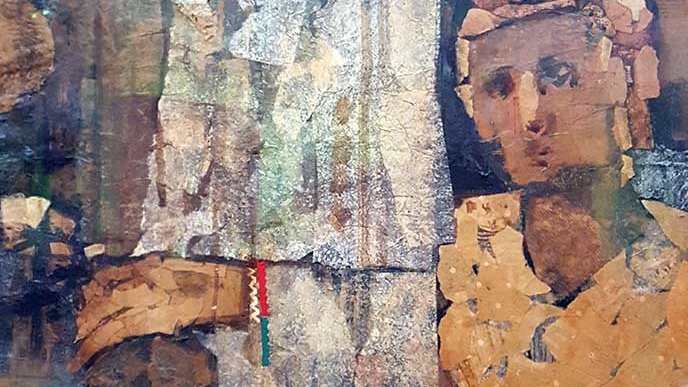 L'image présente un tableau abstrait constitué de différentes figures humaines, rendues avec des formes géométriques et des couleurs terreuses. Les visages semblent partiellement cachés ou fragmentés, créant une atmosphère mystérieuse. Les personnages portent des vêtements traditionnels, ce qui suggère une connexion à une culture spécifique. L'utilisation de textures et de superpositions donne une dimension tactile à l'œuvre, tandis que la palette de couleurs naturelles évoque une ambiance chaleureuse et nostalgique.