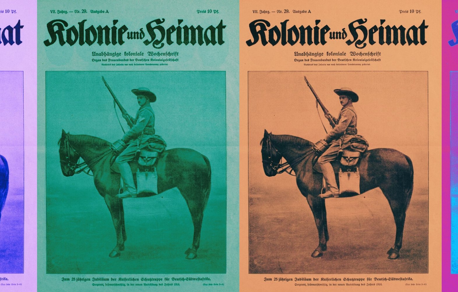 L'image présente une série de couvertures d'un magazine intitulé "Kolonie und Heimat". Chaque couverture montre un cavalier avec un fusil, debout sur un cheval. Les couleurs des couvertures varient, créant un effet visuel intéressant. On peut voir des teintes allant du bleu au vert, en passant par des coloris plus chauds. Le style est typique des impressions du début du XXe siècle, avec un accent sur le thème colonial.