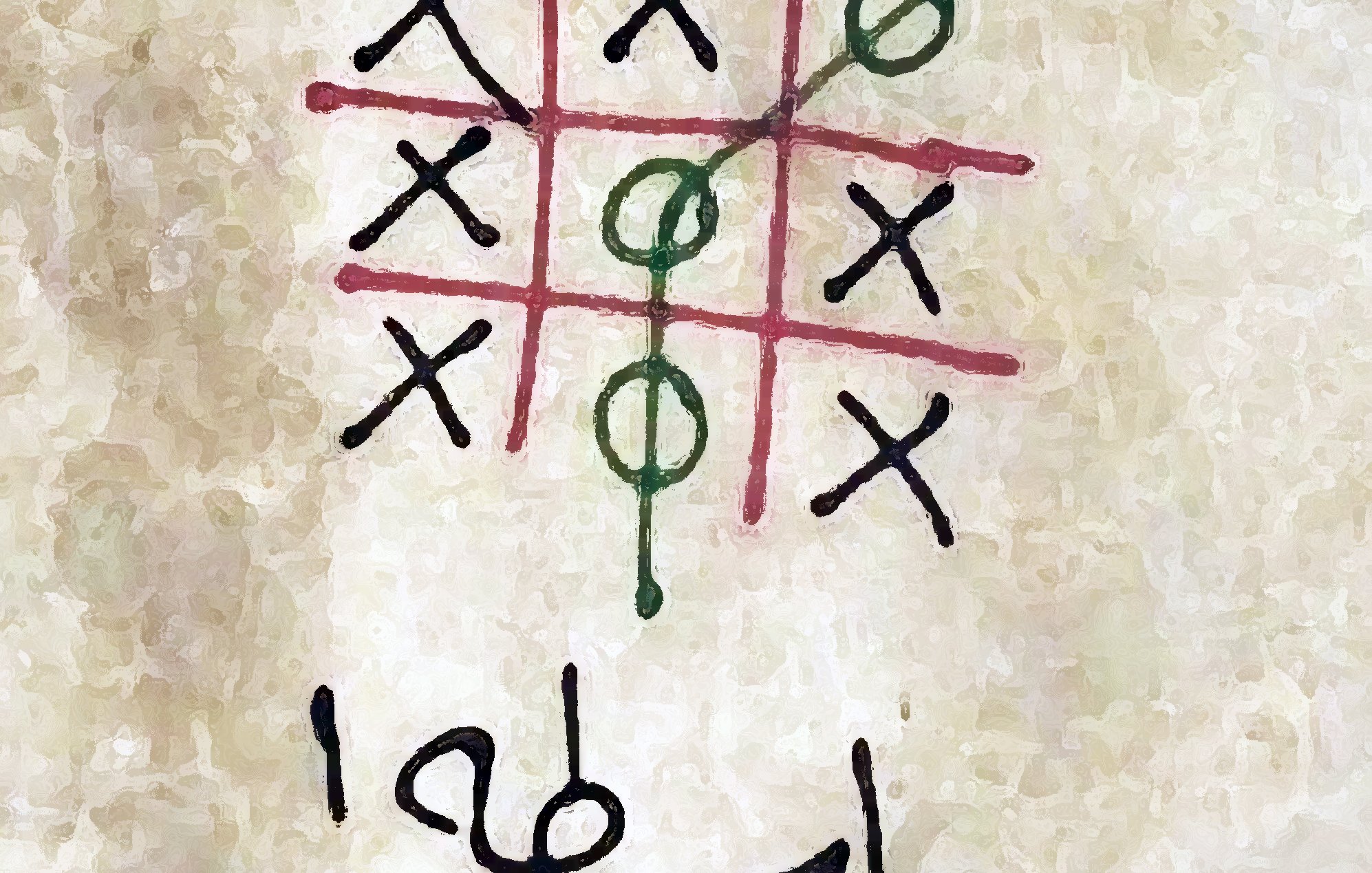 L'image représente une grille de jeu de "Tic-Tac-Toe" (ou " puissance 4") dessinée sur un fond beige. Les symboles X et O sont disposés dans la grille, où des X sont en position dominante, et une victoire pour O est indiquée par un trait qui traverse les trois cercles. En dessous, il y a des inscriptions en arabe qui semblent exprimer une phrase ou une exclamation.