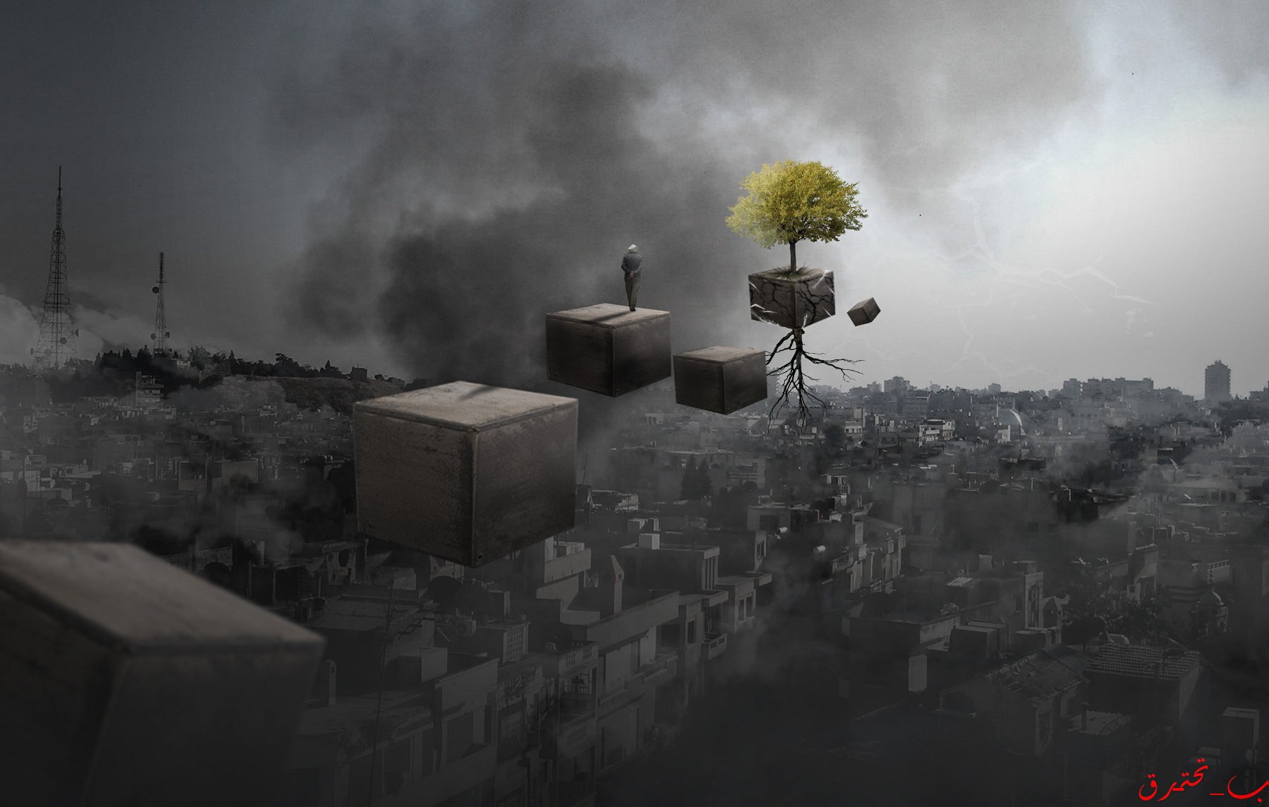 L'image présente un paysage urbain inquiétant, dominé par des tons sombres. Au premier plan, plusieurs blocs cubiques flottent dans les airs, menant vers une silhouette humaine debout, qui semble contempler l'horizon. Au-dessus des blocs, un arbre avec des racines apparentes émerge, ajoutant une touche de vie à cet environnement morose. En arrière-plan, on aperçoit une ville dont les bâtiments se fondent dans la brume, renforçant le sentiment d'isolement et de mystère. L'ensemble de la composition évoque une réflexion sur la solitude et la quête d'espoir.