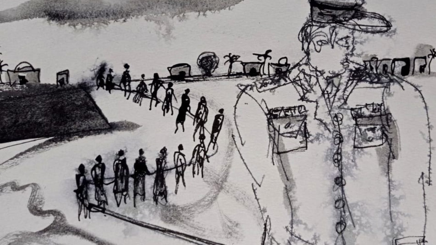 Un homme en uniforme se tient devant une foule en ombres, sur un fond mélancolique.