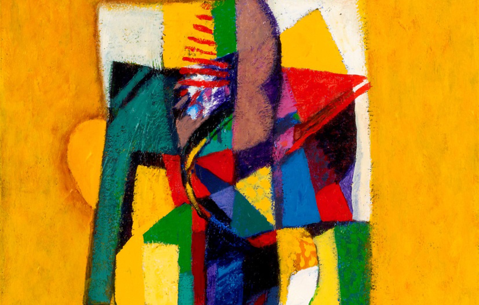 Cette image représente une composition abstraite aux couleurs vives. Le fond est d'un jaune éclatant, tandis que le centre de la toile présente une série de formes géométriques et organiques enchevêtrées. On y trouve des triangles, des cercles, et des lignes, le tout dans une palette de couleurs variées comme le rouge, le bleu, le vert et le noir. Les éléments semblent interagir les uns avec les autres, créant un sentiment de dynamisme et de mouvement. L'œuvre évoque une exploration des formes et des couleurs, caractéristique de l'art abstrait.