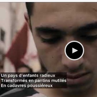 The image appears to depict a serious scene involving individuals in a somber context. It includes text in French that translates to: "A country of radiant children Transformed into mutilated puppets In dusty corpses." This suggests themes of loss, suffering, and possibly the impact of conflict or violence on children and society. The overall tone seems to convey a deep sense of sorrow and critique regarding the situation being referenced.