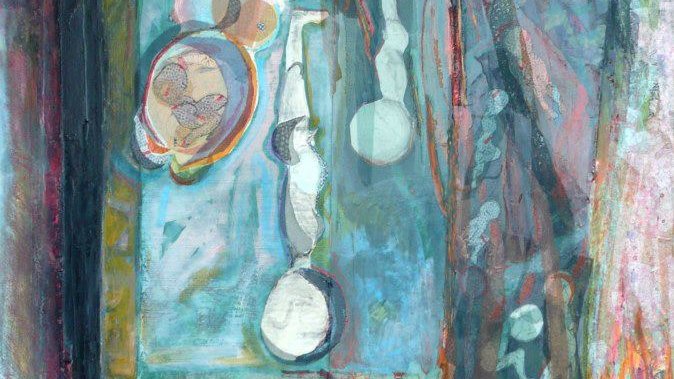 L'image représente une composition abstraite riche en couleurs et en formes. On y voit des cercles et des formes allongées qui semblent flotter sur un fond de nuances de bleu et de vert. Des traits dynamiques et des textures diverses ajoutent de la profondeur et de l'énergie à l'ensemble. Les éléments s'entrelacent de manière harmonieuse, créant une sensation de mouvement et de fluidité. Cette œuvre invite à l'interprétation, évoquant des thèmes de rêve et de créativité.