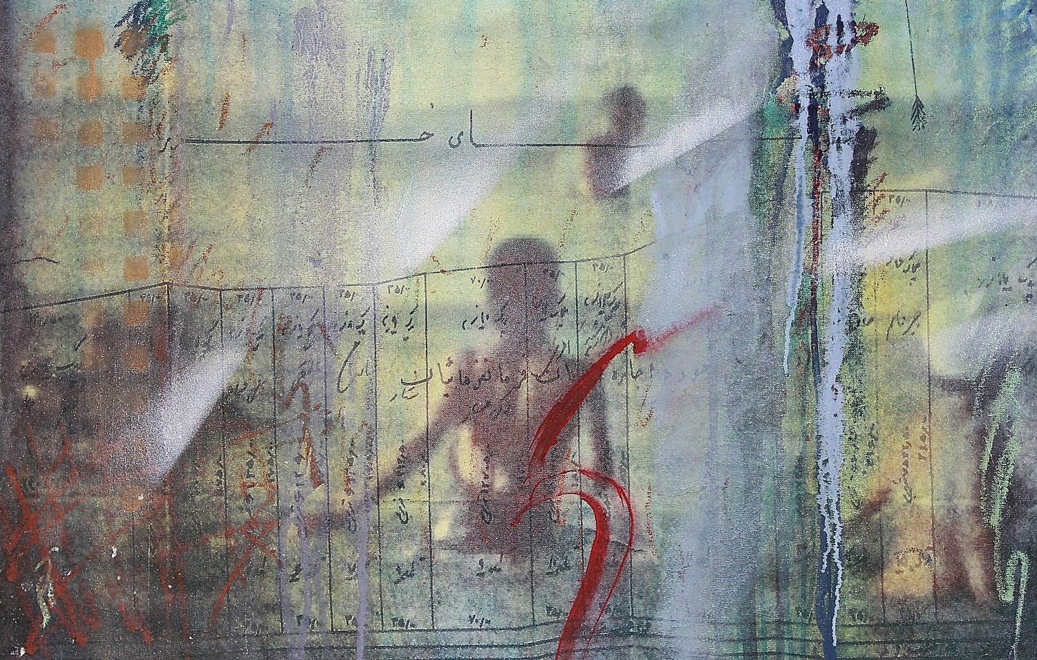 L'image montre une composition artistique abstraite avec des éléments de calligraphie et des motifs de couleur. Les teintes dominantes semblent être des nuances de vert et de bleu, tandis que des touches de rouge et de noir ajoutent du contraste. On peut percevoir des silhouettes floues qui suggèrent des figures humaines, et des inscriptions arabes éparpillées, apportant une dimension culturelle et historique à l'œuvre. L'ensemble crée une atmosphère énigmatique et poétique.