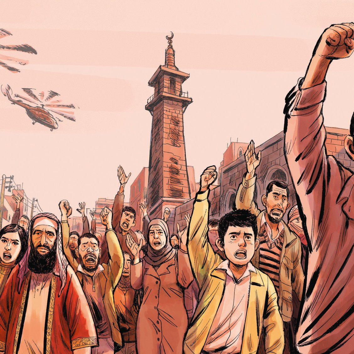 L'image représente une scène de protestation animée. Une foule diverse, composée d'hommes, de femmes et d'enfants, exprime des émotions intenses avec les bras levés et des expressions faciales déterminées. En arrière-plan, on peut voir des hélicoptères survolant la zone. Des bâtiments et des monuments sont visibles, suggérant un cadre urbain. L'atmosphère est chargée d'énergie et de dynamisme, reflétant un moment de mobilisation collective.