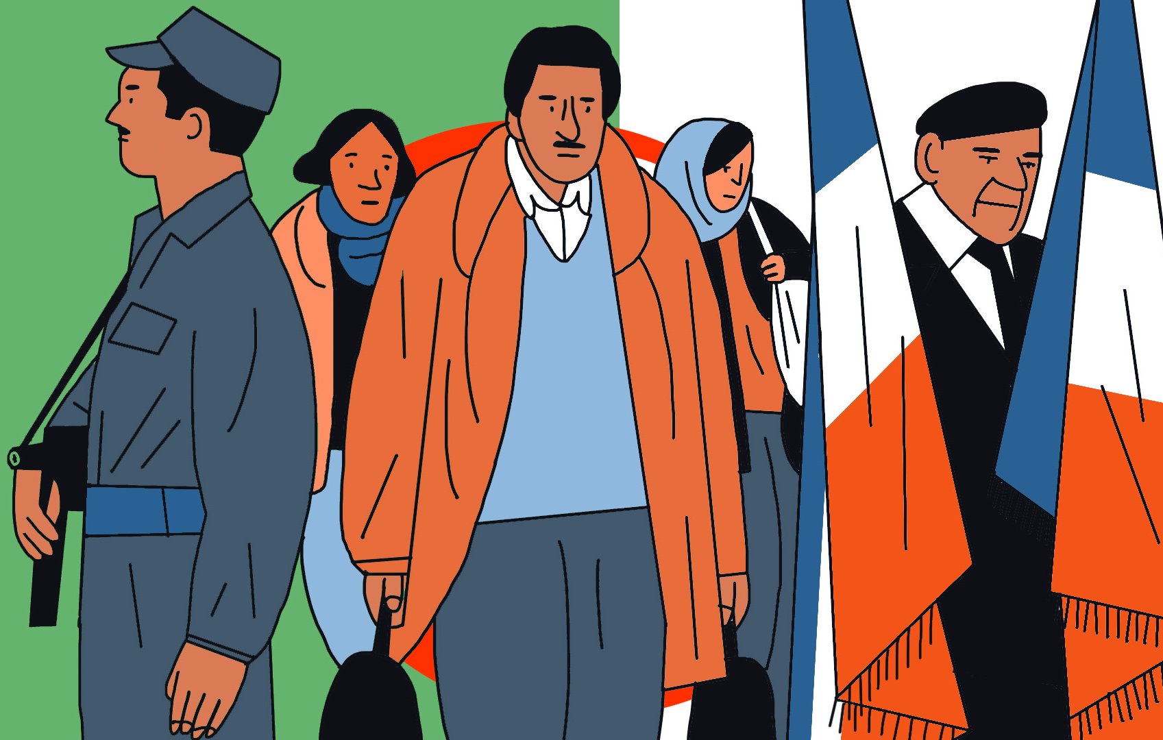 La imagen muestra a varias personas en una composición artística. A la izquierda, se destaca un hombre con un uniforme de soldado y un arma. A su lado, hay un grupo de personas que incluye a dos mujeres, una con un abrigo y otra con un pañuelo en la cabeza, así como un hombre con un abrigo largo que parece preocupado. A la derecha, hay otra figura que sostiene dos banderas, una de las cuales tiene los colores de la bandera de Francia. El fondo presenta colores contrastantes, como verde, naranja y blanco, que aportan dinamismo a la ilustración.