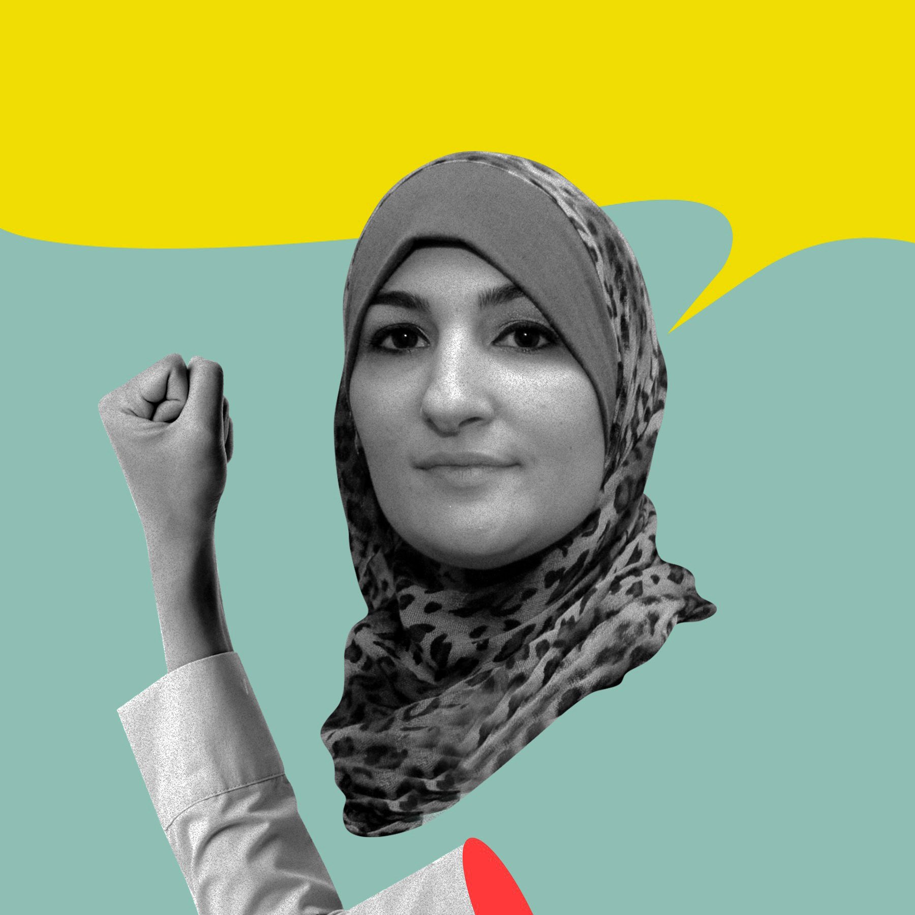 L'image présente une femme portant un hijab à motifs, avec une expression déterminée. Son bras est levé, affichant un poing serré en signe de force et de détermination. L'arrière-plan est composé de couleurs vives, avec un jaune et un vert qui apportent un contraste dynamique. L'illustration semble évoquer des thèmes de résistance et d'affirmation.