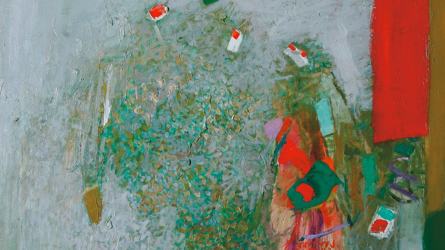 L'image est une peinture abstraite aux teintes variées de vert, de rouge et d'autres couleurs vives. On remarque des formes indistinctes suggérant des silhouettes humaines, ainsi que des éléments géométriques. L'ensemble crée une atmosphère dynamique et expressive.