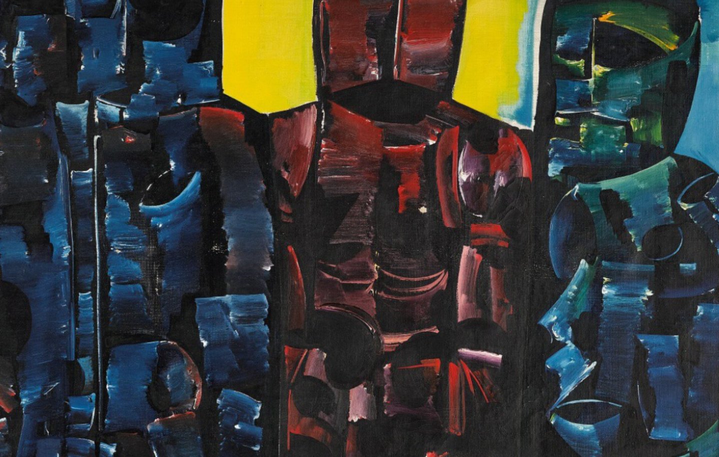 Trois silhouettes stylisées en couleurs sombres sur un fond jaune lumineux.