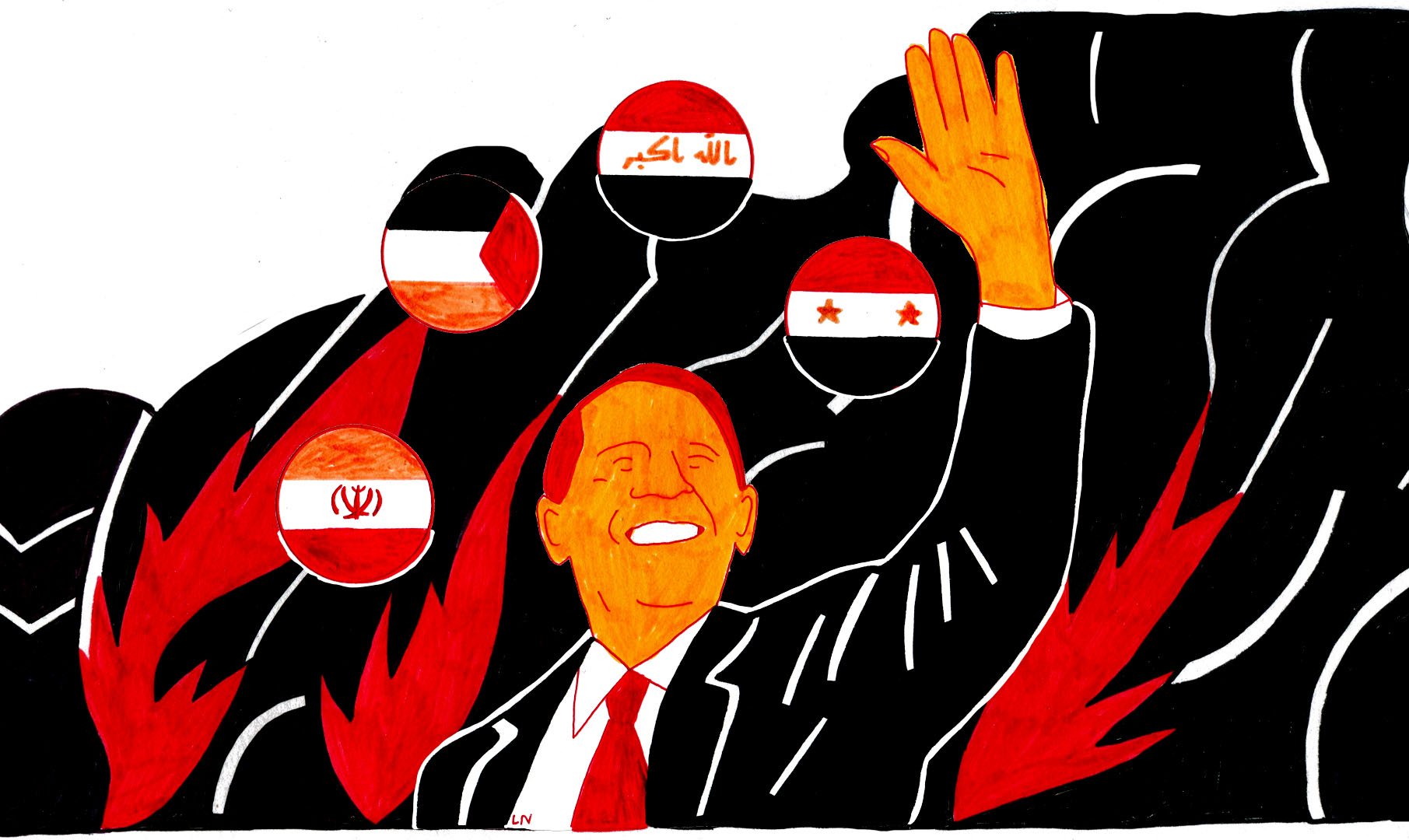 L'image représente une illustration stylisée avec un personnage central, probablement un dirigeant, qui sourit et lève la main. En arrière-plan, on peut voir plusieurs cercles affichant des drapeaux, suggérant une thématique politique ou internationale. Les couleurs dominantes sont des tons chauds comme le rouge et l'orange, créant une ambiance dynamique. Les silhouettes en arrière-plan semblent agitées, ajoutant un sentiment d'intensité à la scène. L'ensemble évoque des thèmes de pouvoir et d'interaction politique.