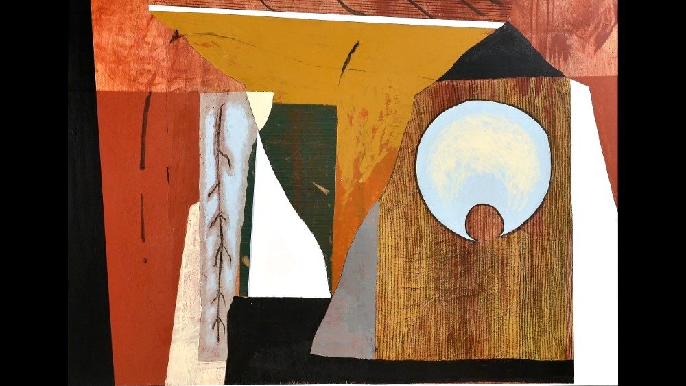 Cette image semble être une œuvre d'art abstraite caractérisée par une combinaison de formes géométriques et de couleurs vives. On y aperçoit des éléments qui évoquent des structures architecturales, comme des murs ou des toits, ainsi que des motifs organiques. Les couleurs dominantes incluent des tons de rouge, de beige et de bleu, créant un contraste fort et une composition dynamique. Les formes et les lignes apparaissent simplifiées, offrant une interprétation moderne et stylisée de l'espace. Ce type de travail invite à une réflexion sur la forme et la couleur, laissant place à l'interprétation personnelle.